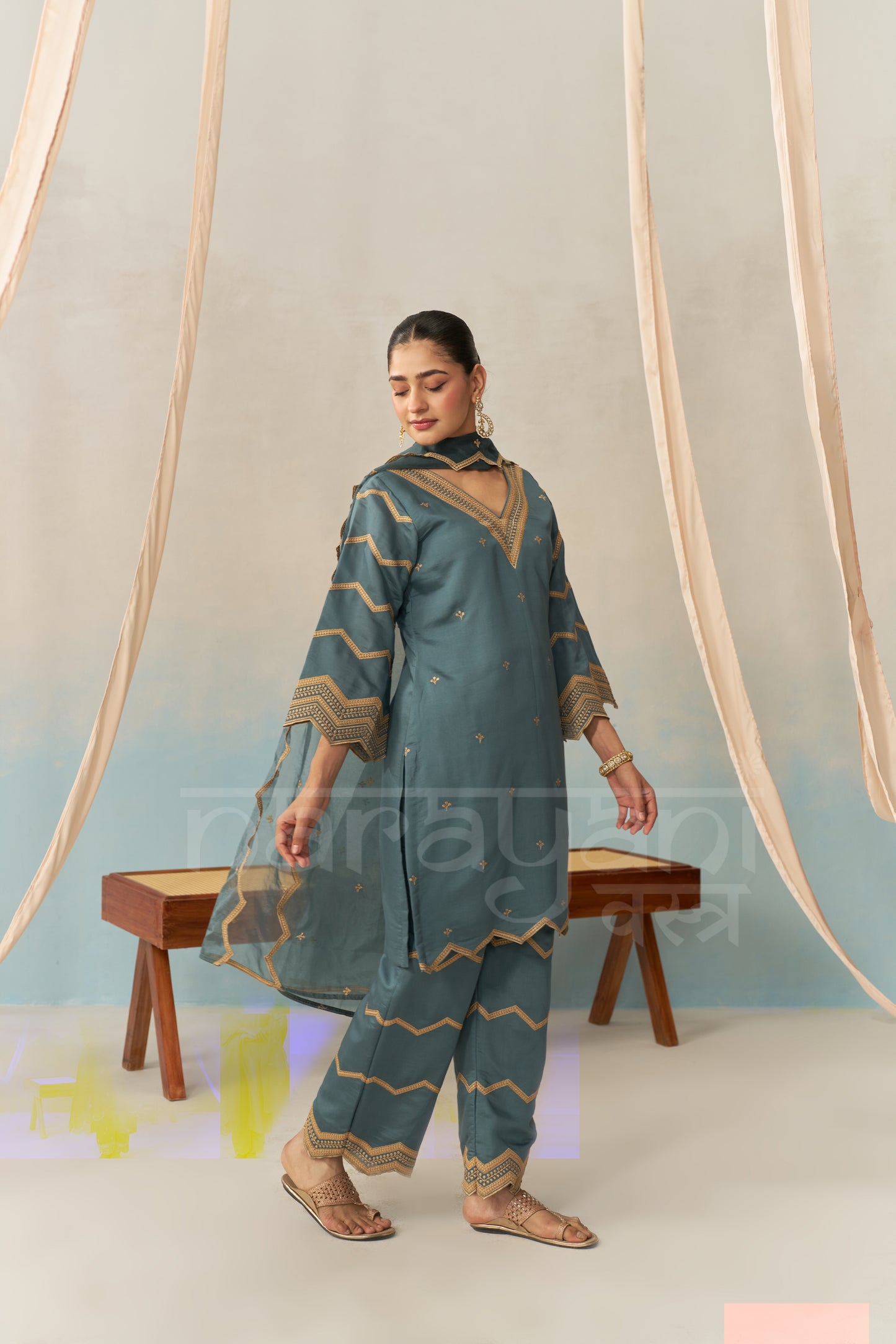 NURA - Teal Blue Chanderi Suit Set