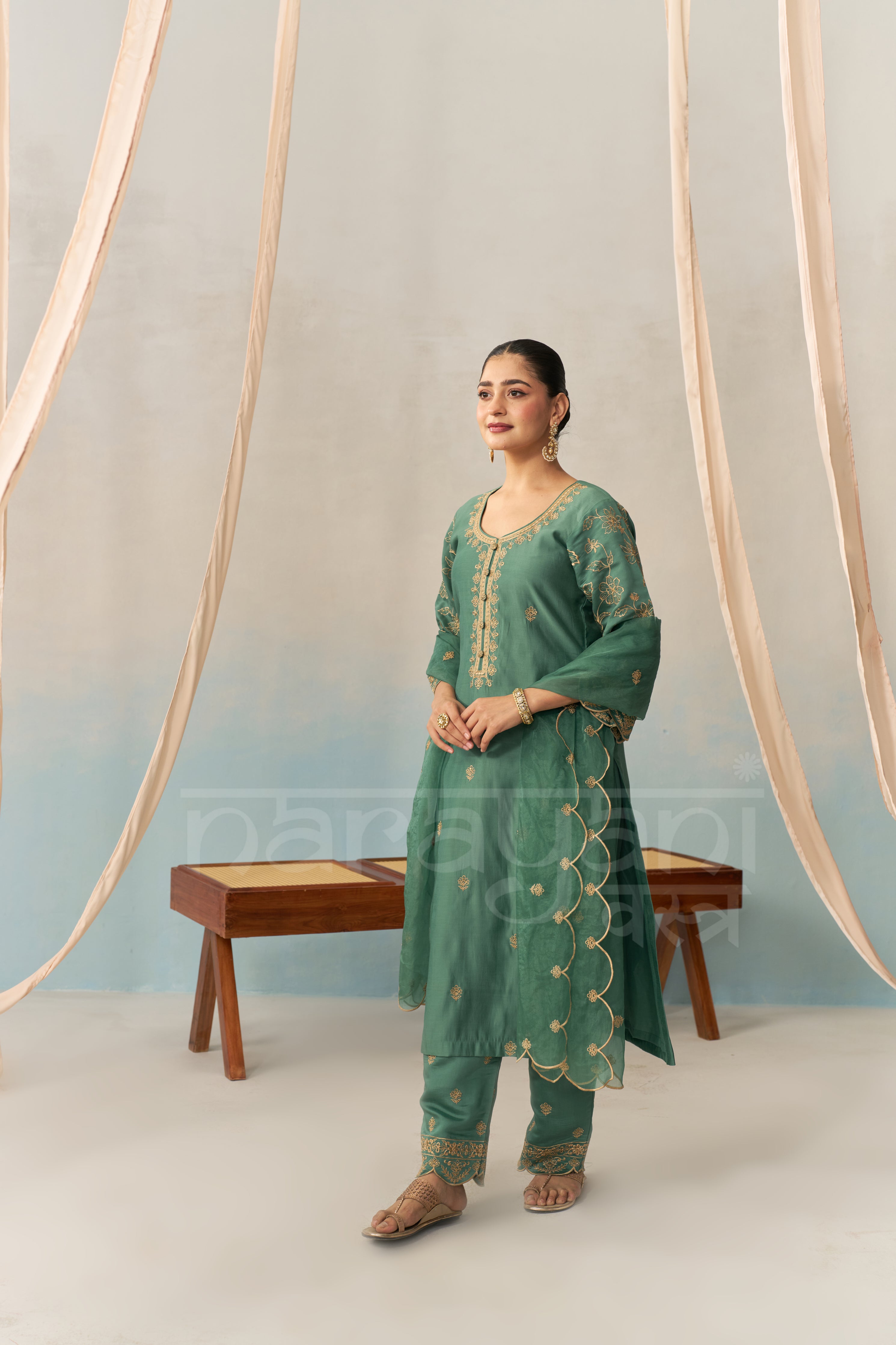 AMEERA - Emerald Green Chanderi Suit Set