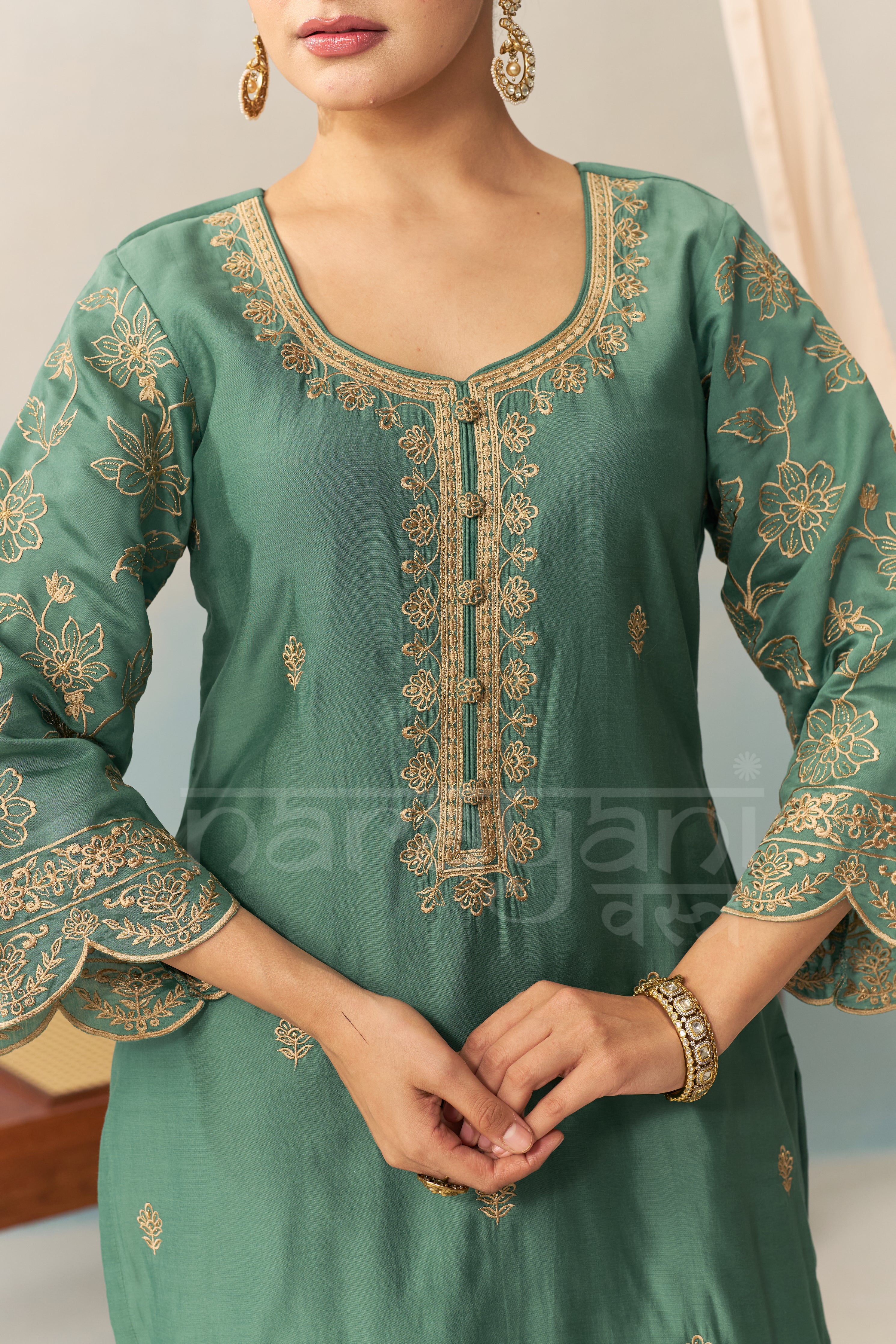 AMEERA - Emerald Green Chanderi Suit Set