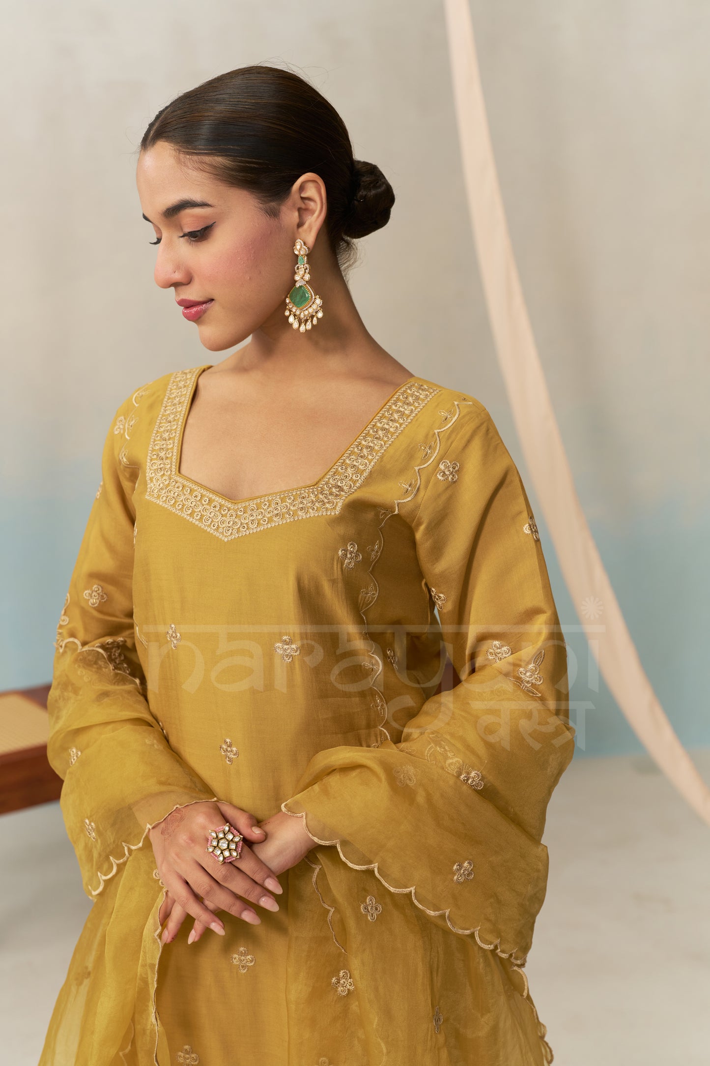 LIYA - Mustard Gold Chanderi Suit Set