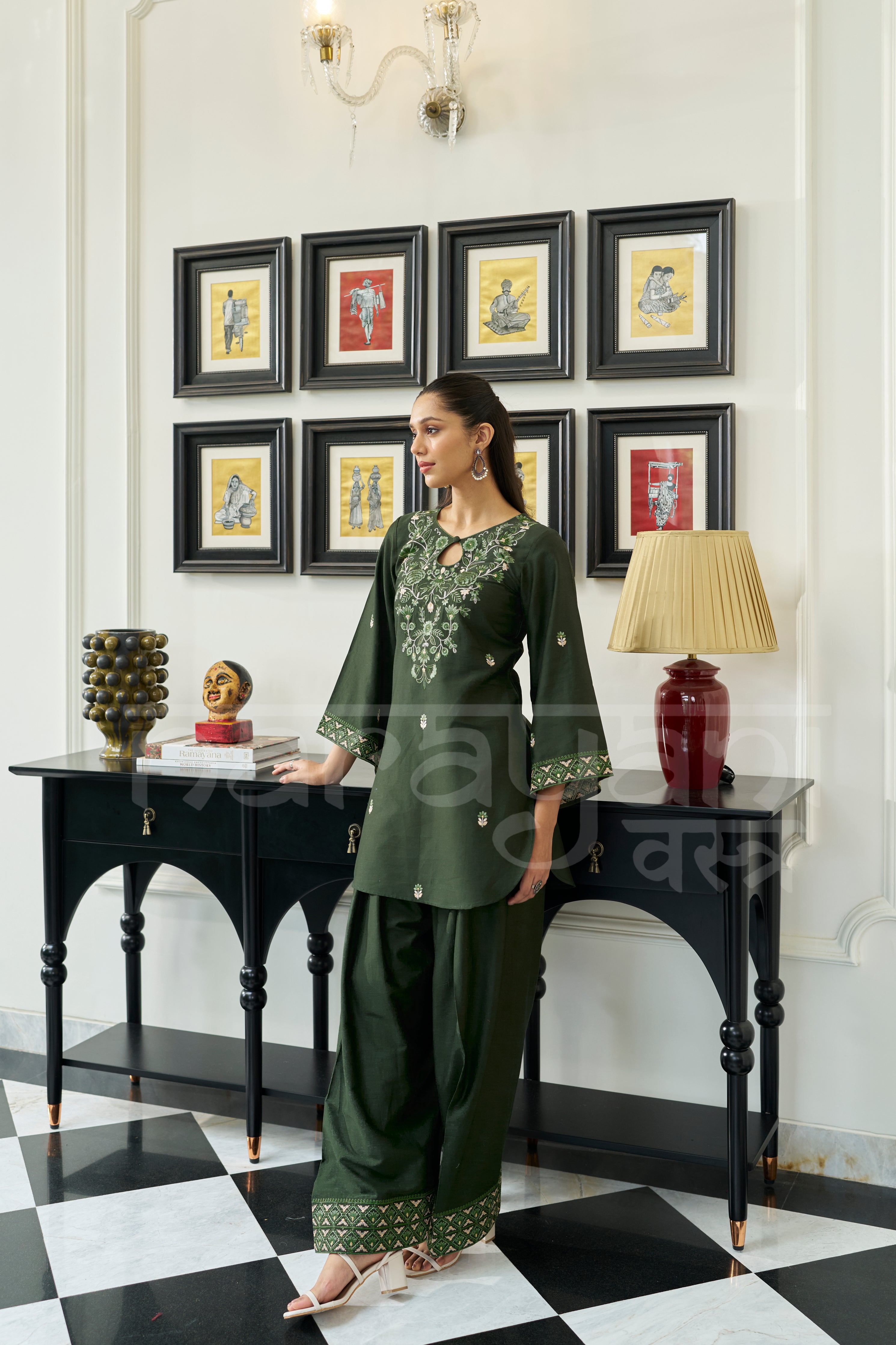 COBALT - Forest Green Embroidered Co-ord Set