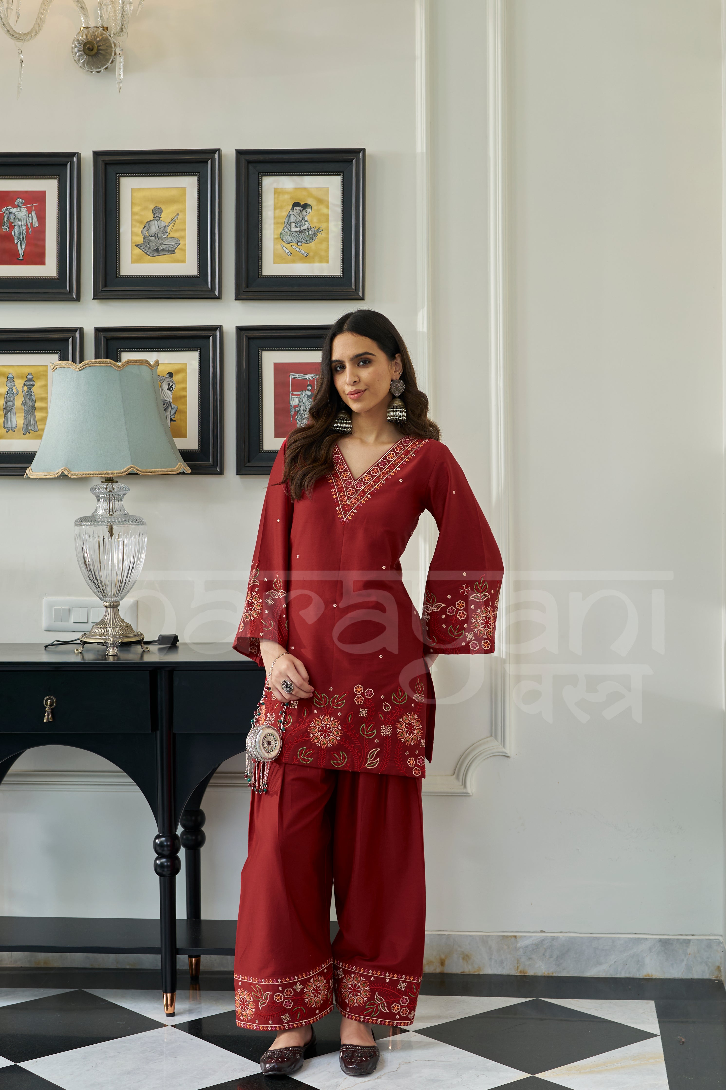 GARNET - Crimson Red Embroidered Co-ord Set
