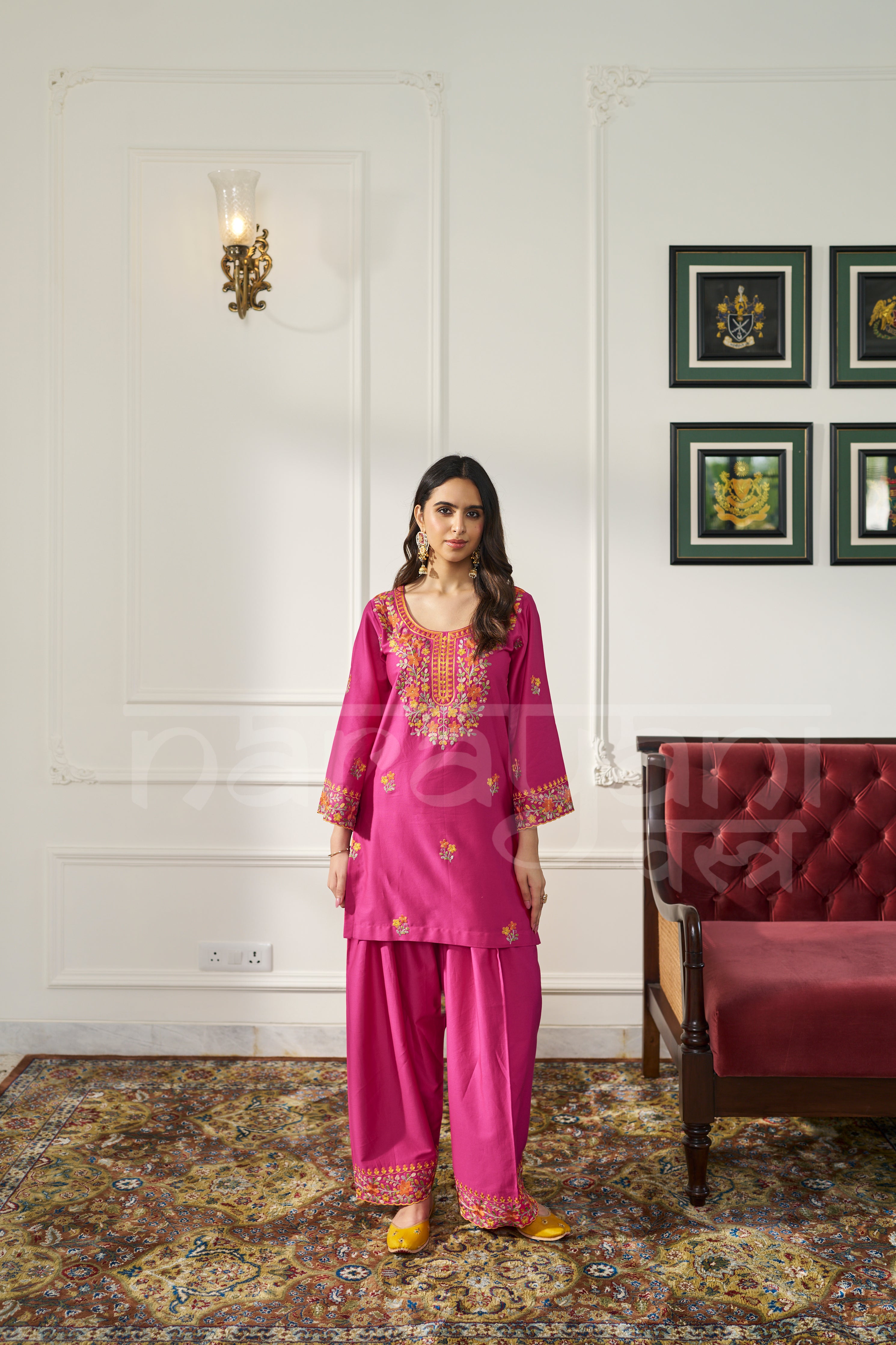 FLAMINGO - Fuchsia Pink Embroidered Co-ord Set