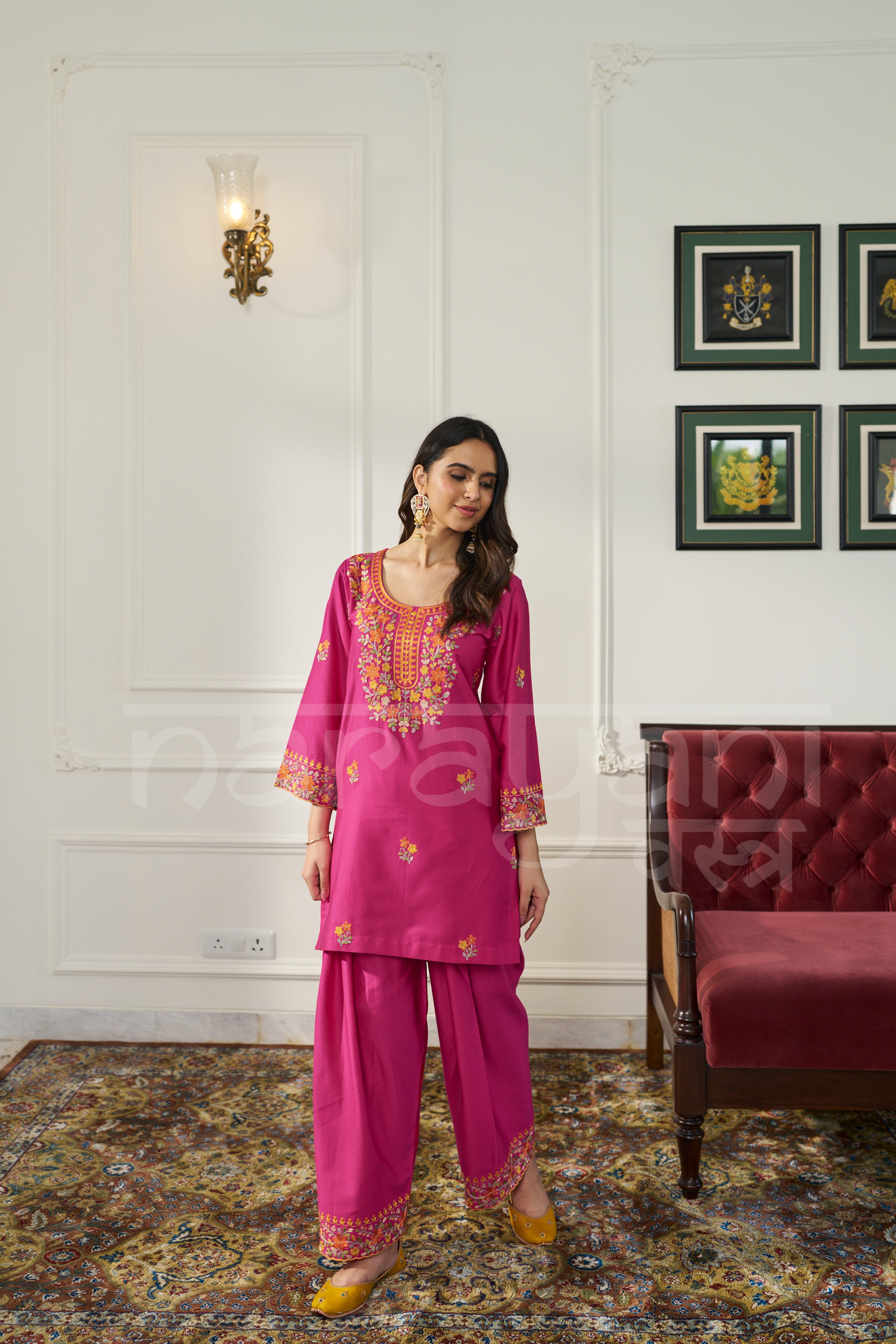 FLAMINGO - Fuchsia Pink Embroidered Co-ord Set