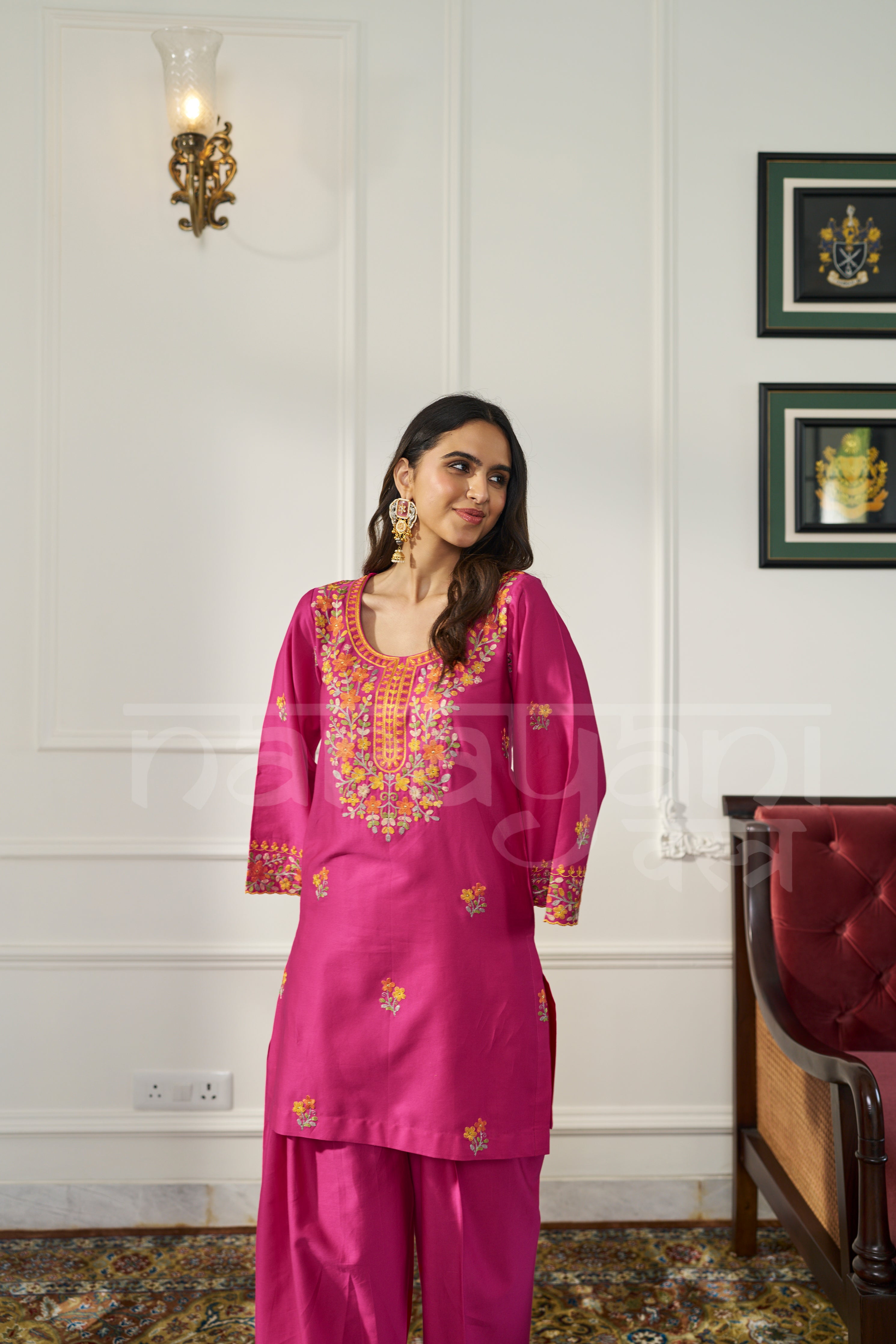 FLAMINGO - Fuchsia Pink Embroidered Co-ord Set