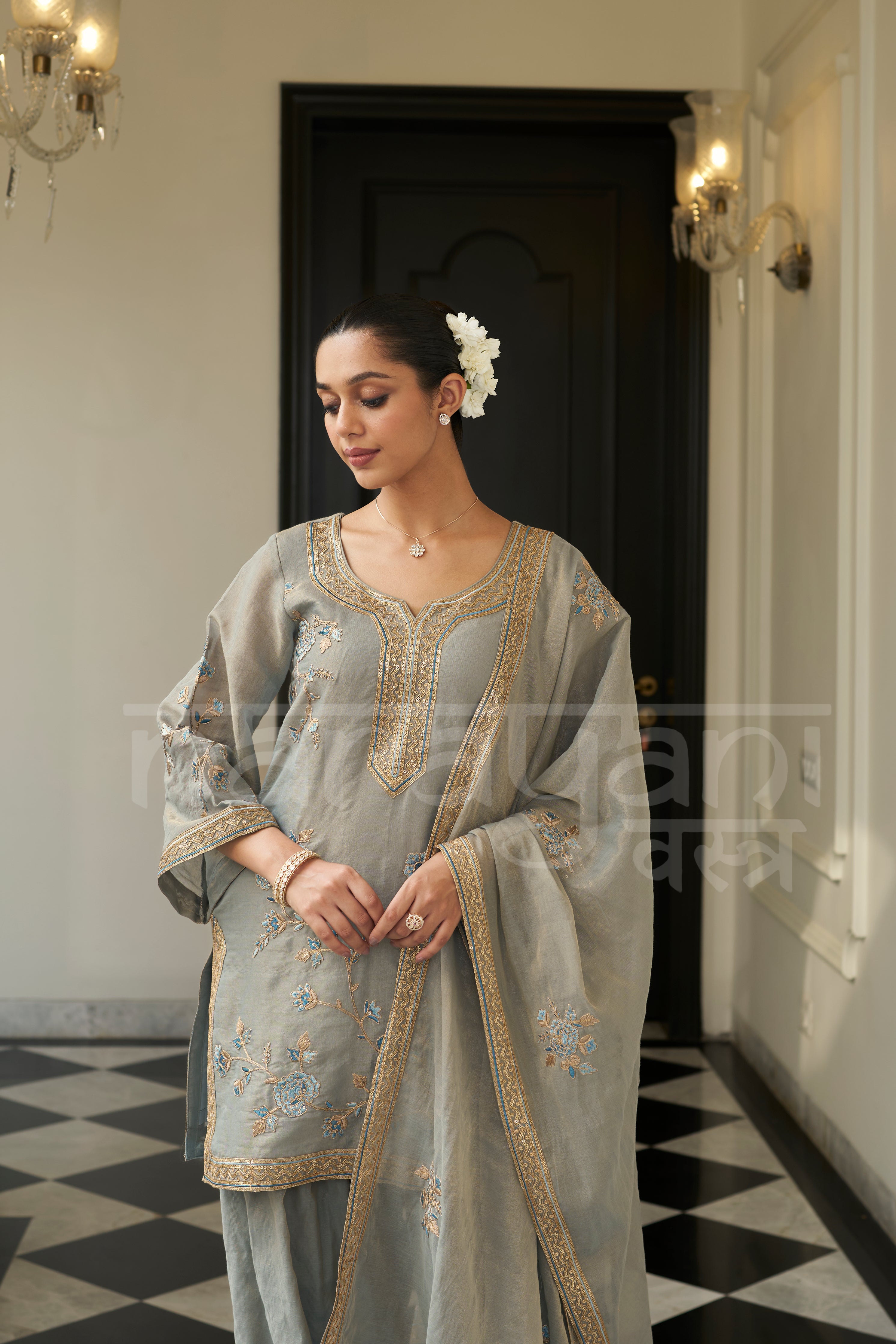 ALBELI - Sage Blue Farshi Salwar Suit Set
