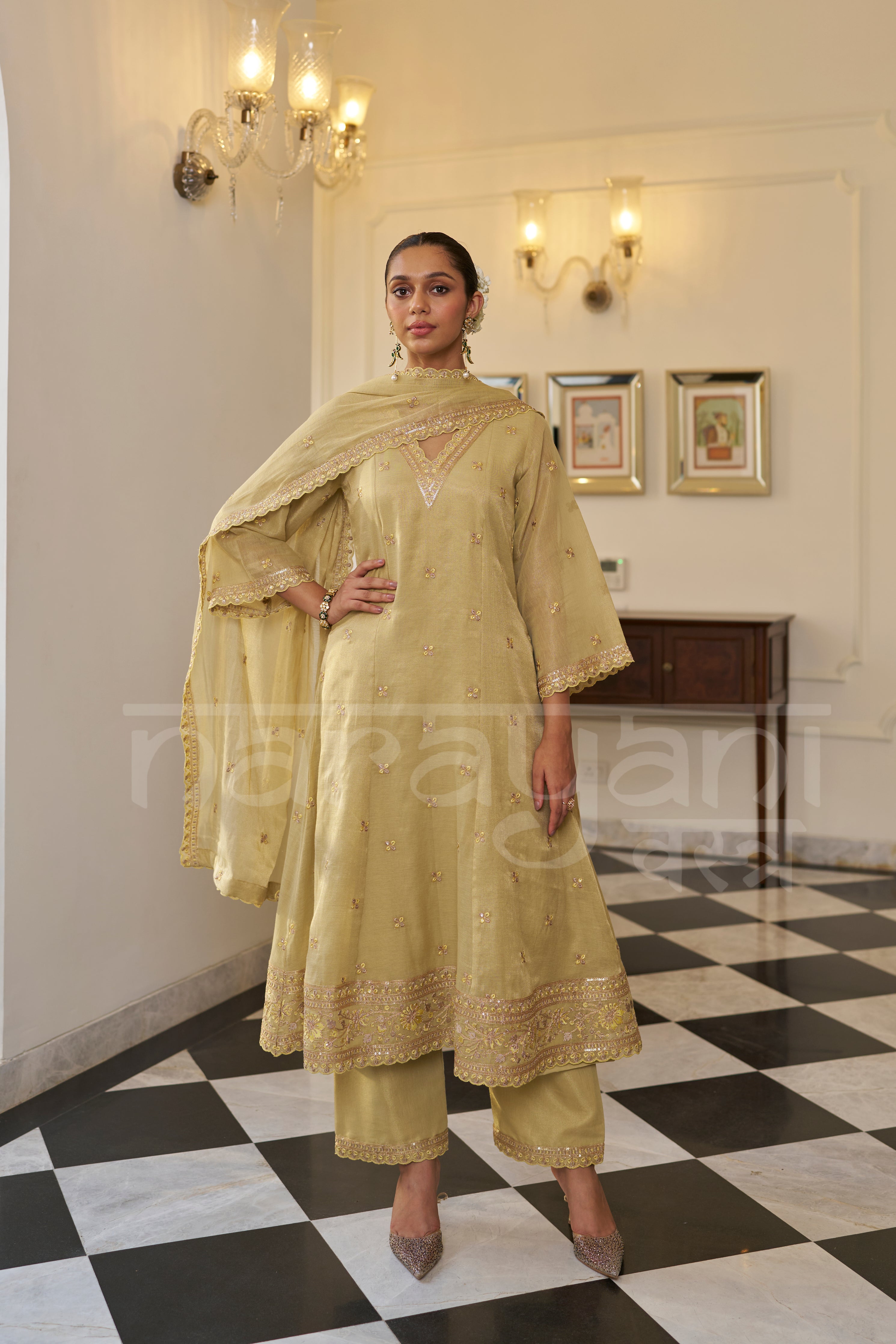 KASHISH - Champagne Yellow A-line Anarkali Suit Set