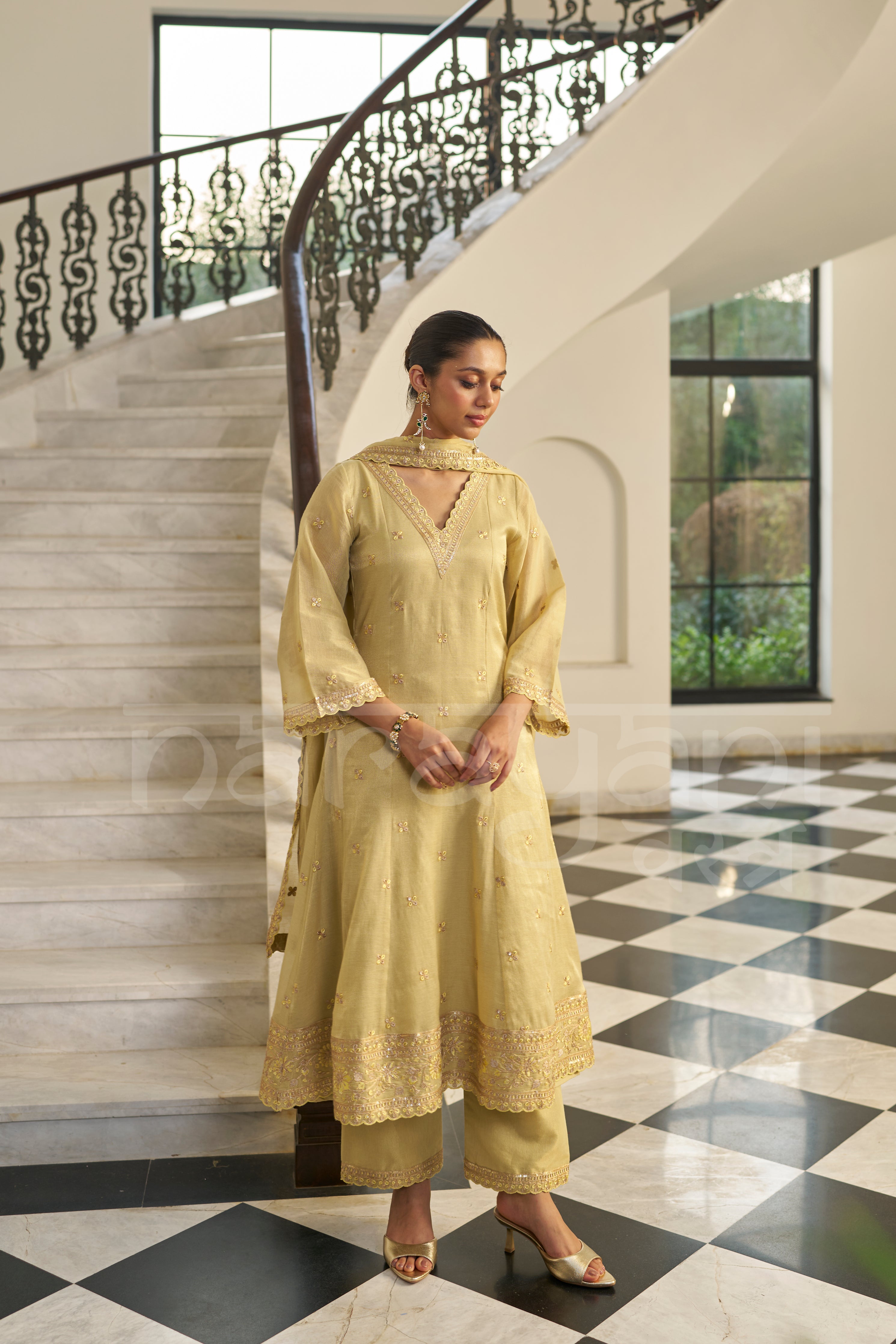 KASHISH - Champagne Yellow A-line Anarkali Suit Set