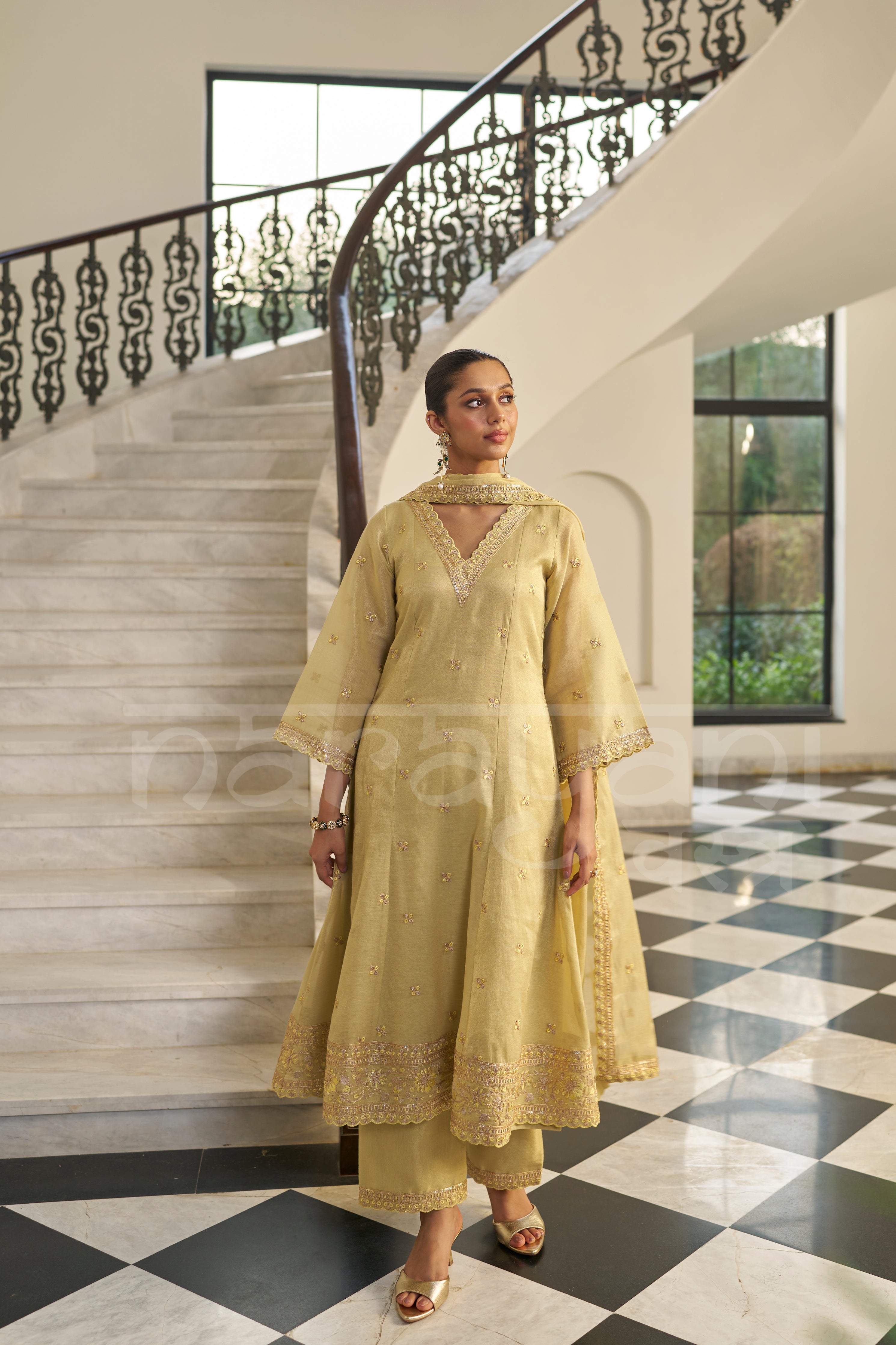 KASHISH - Champagne Yellow A-line Anarkali Suit Set