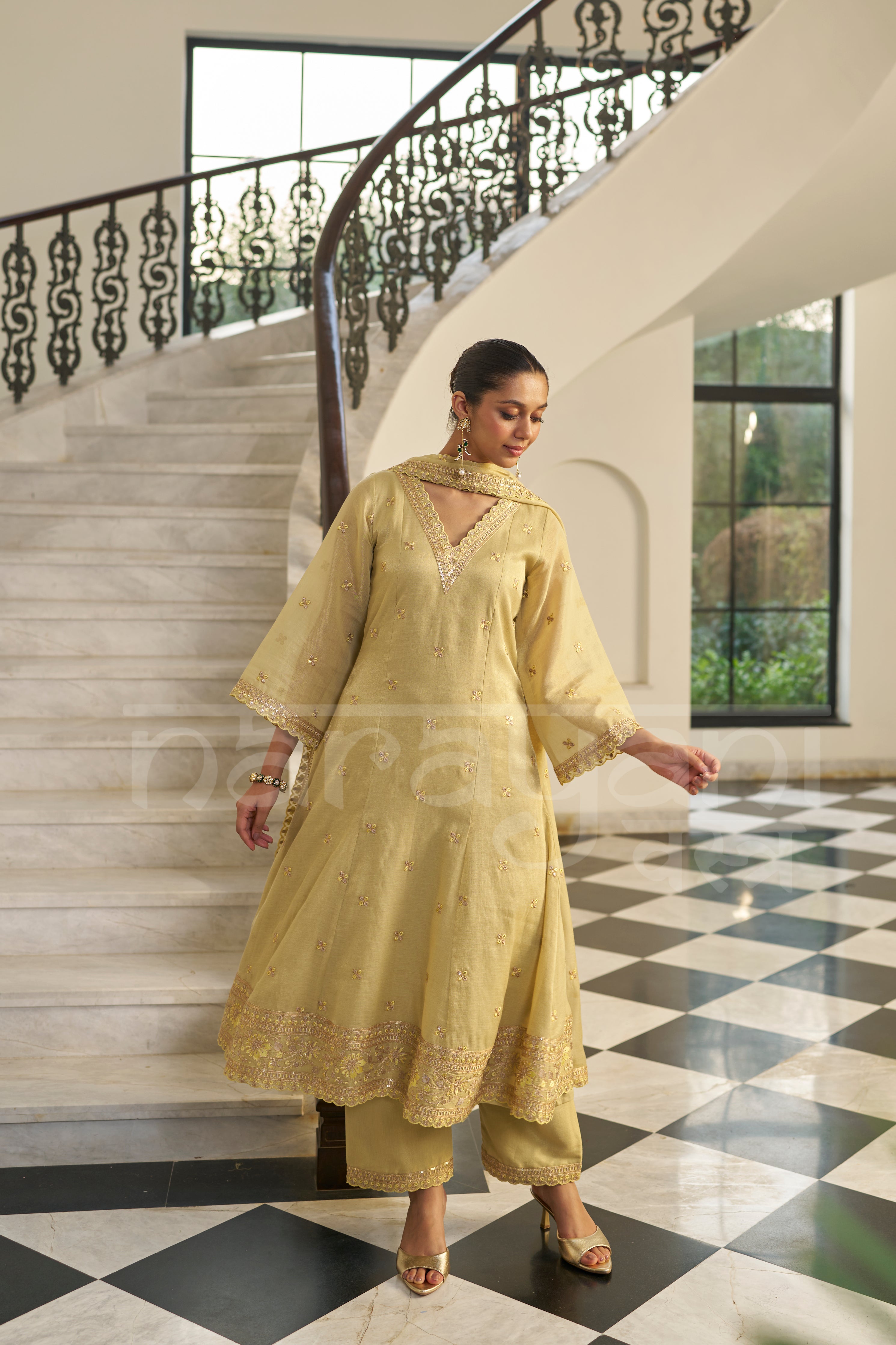 KASHISH - Champagne Yellow A-line Anarkali Suit Set