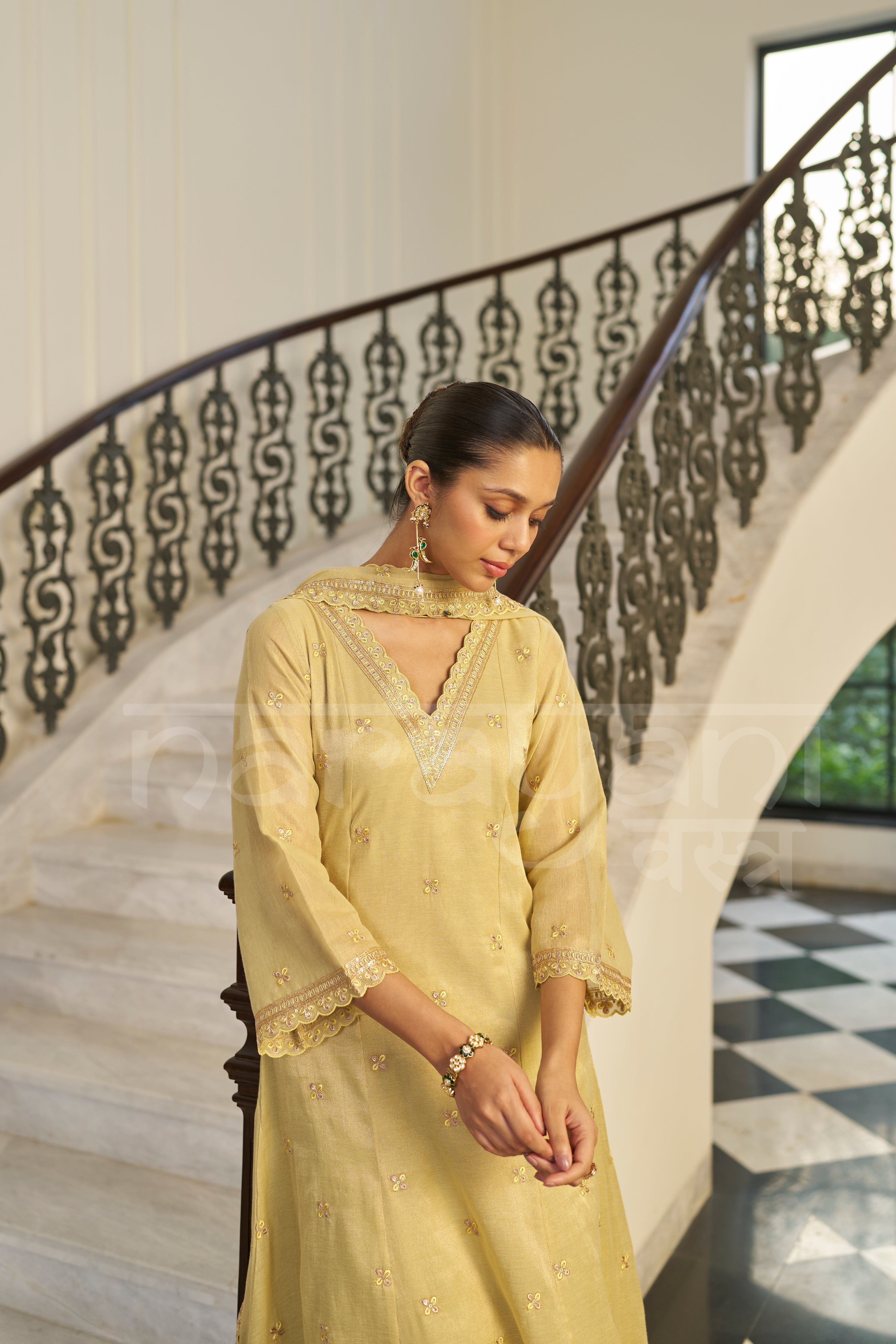 KASHISH - Champagne Yellow A-line Anarkali Suit Set