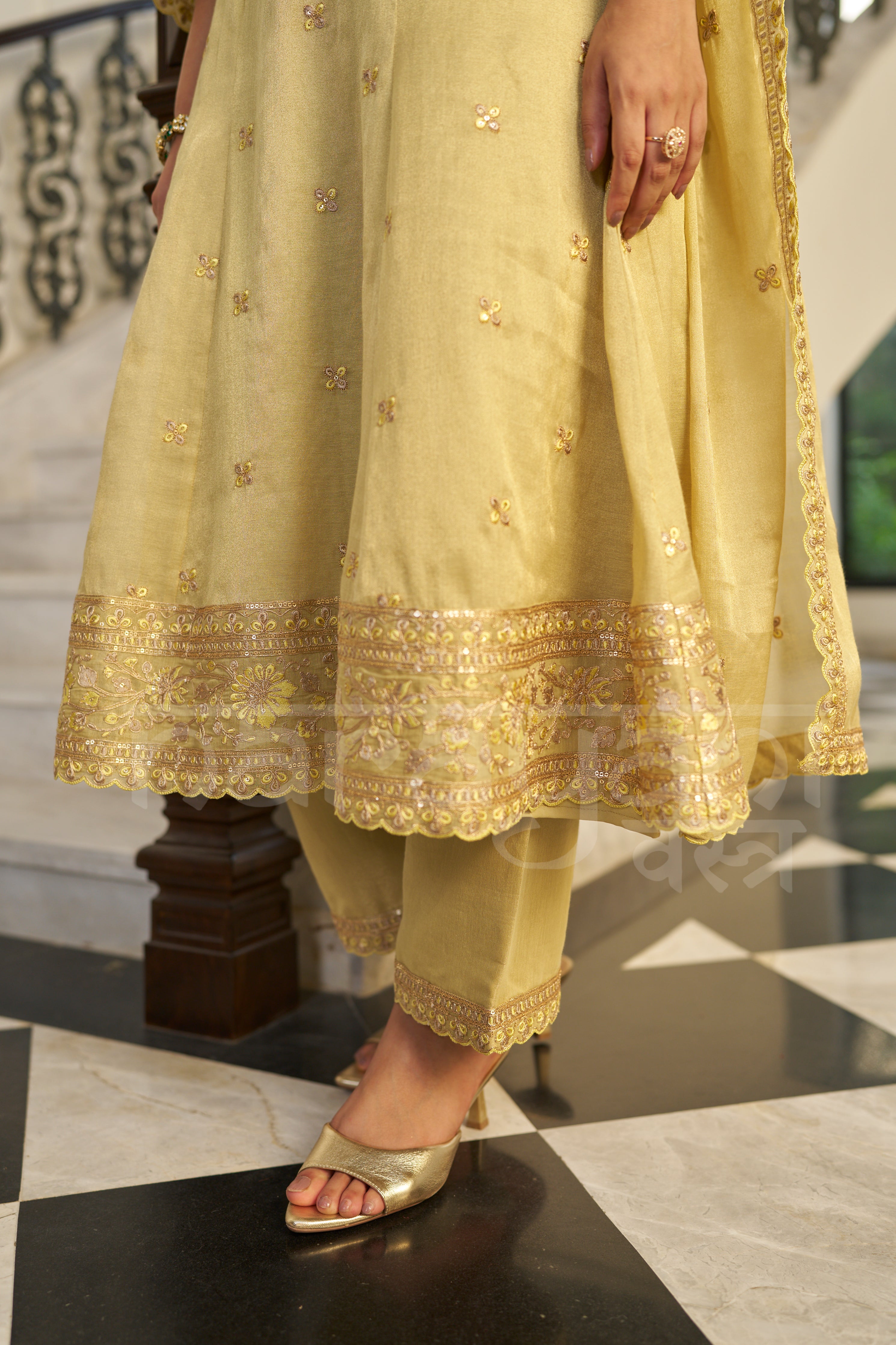 KASHISH - Champagne Yellow A-line Anarkali Suit Set