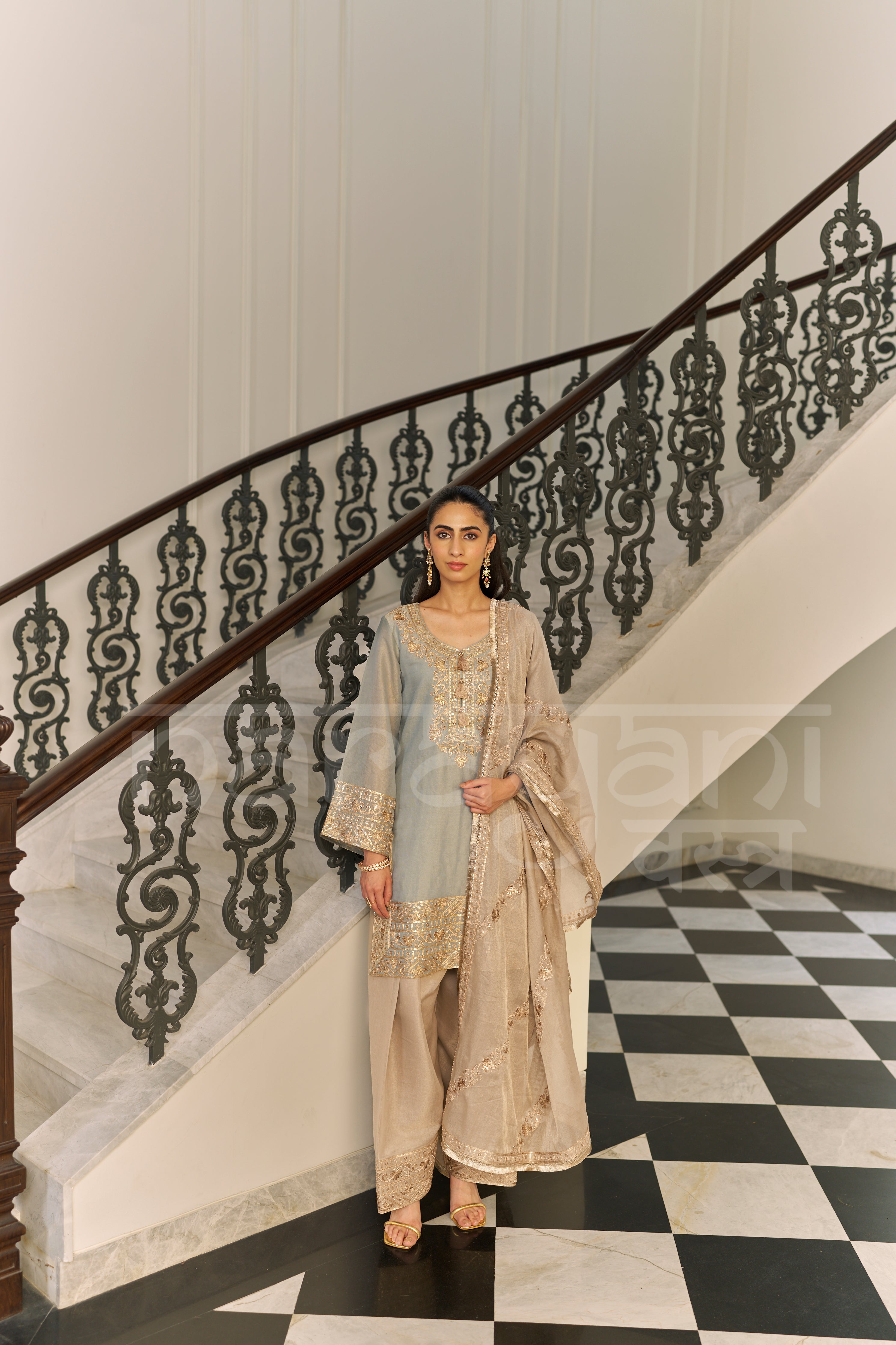KAHKASHAN - Sage Blue Farshi Salwar Suit Set