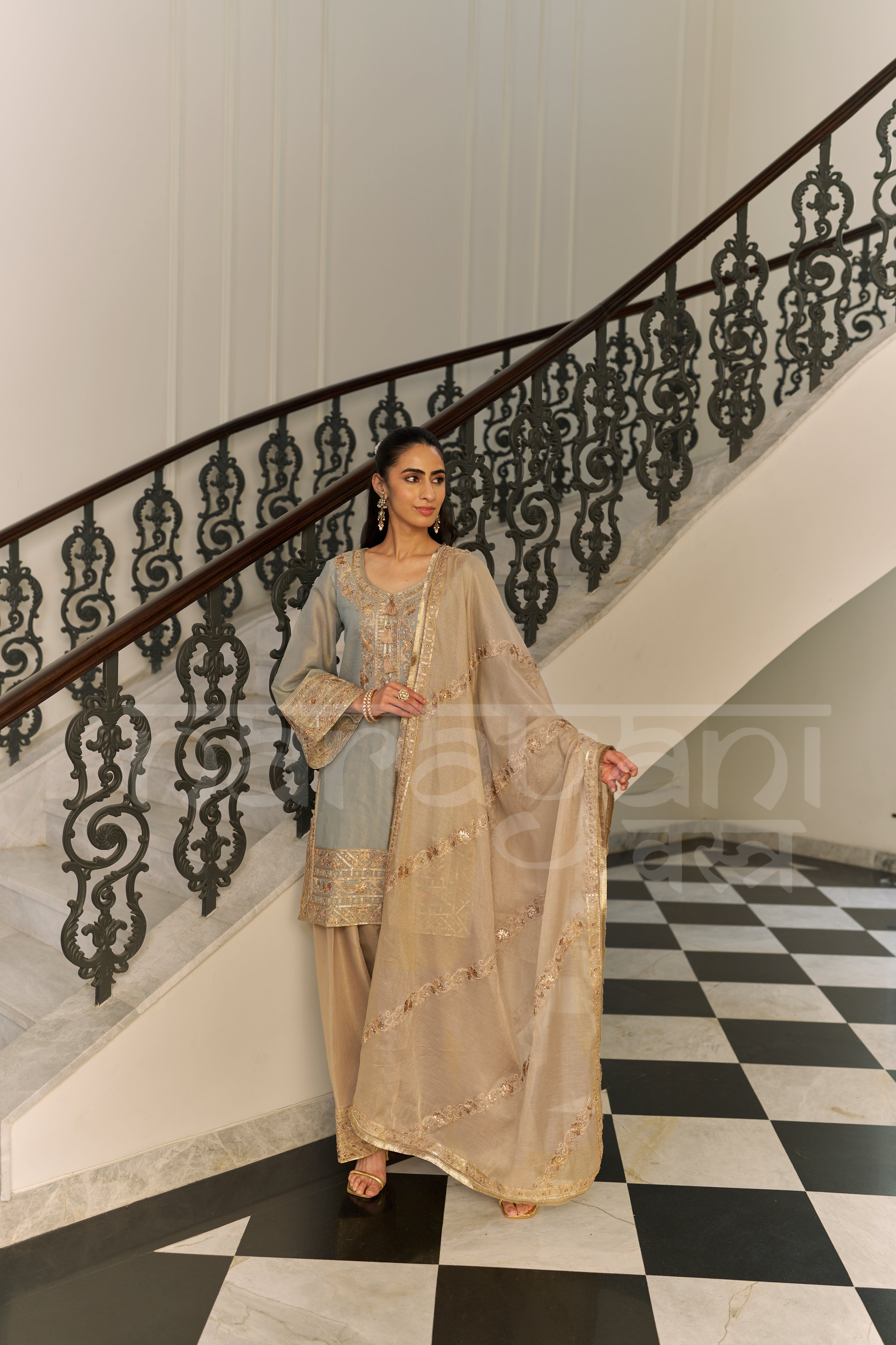 KAHKASHAN - Sage Blue Farshi Salwar Suit Set
