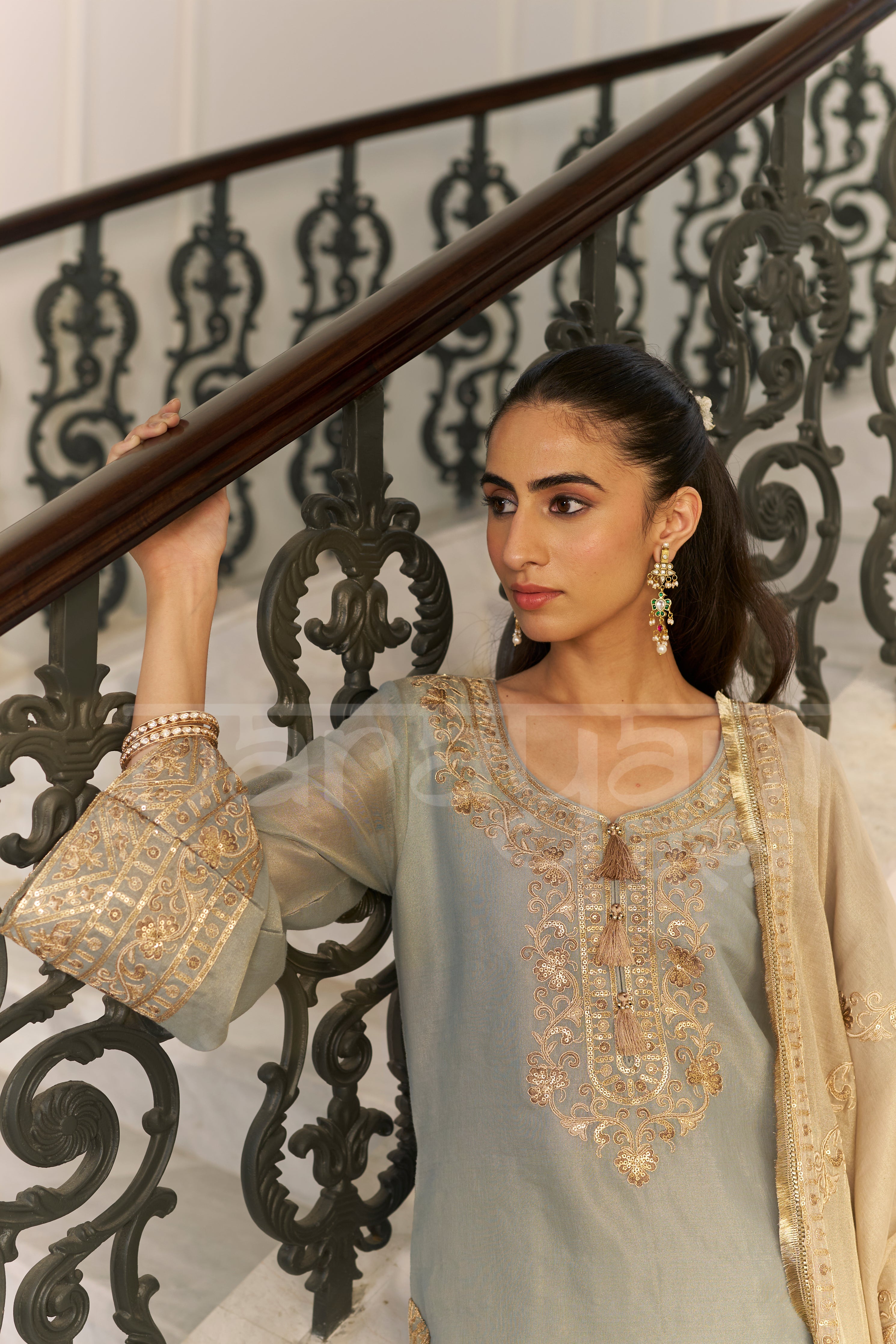 KAHKASHAN - Sage Blue Farshi Salwar Suit Set