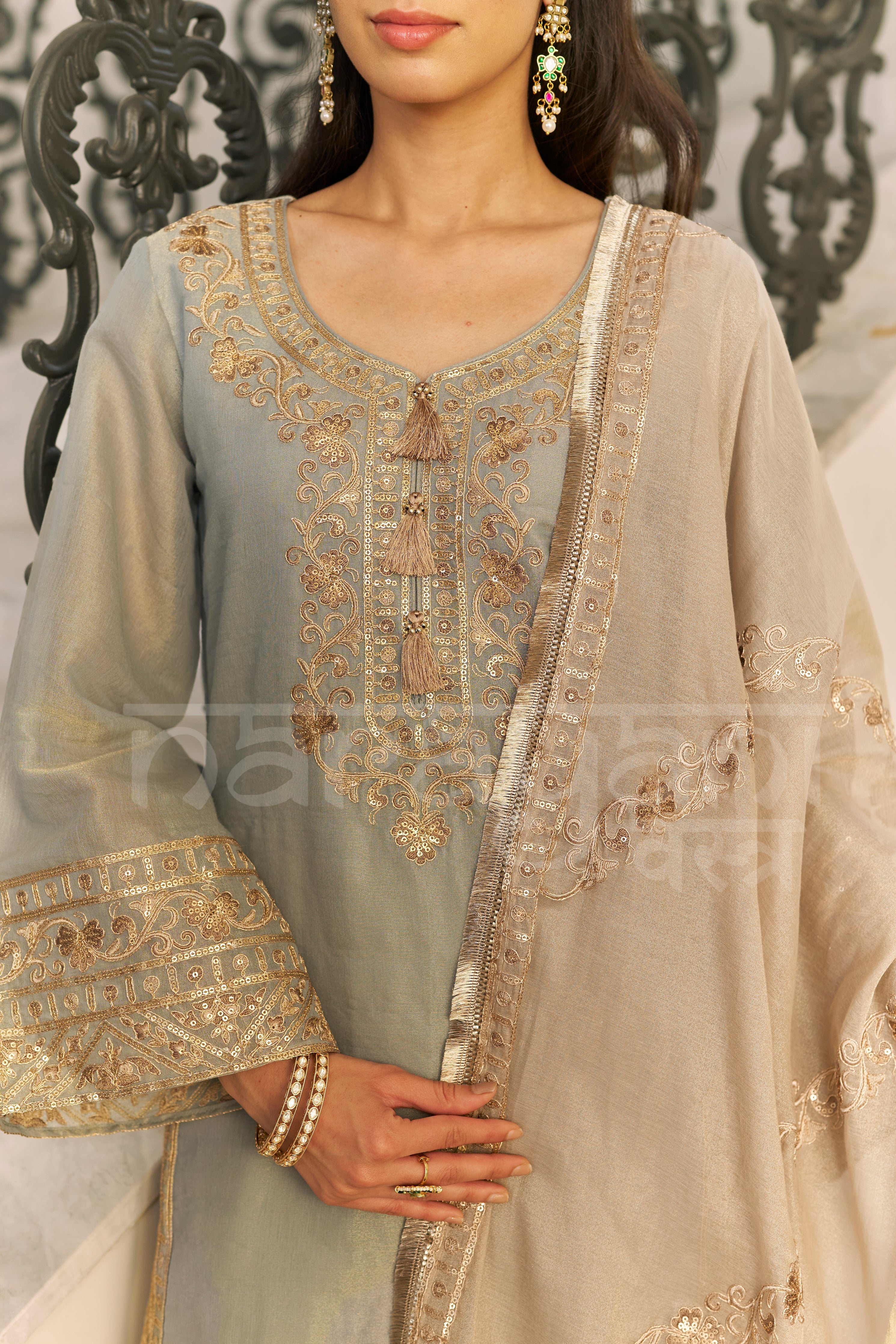KAHKASHAN - Sage Blue Farshi Salwar Suit Set