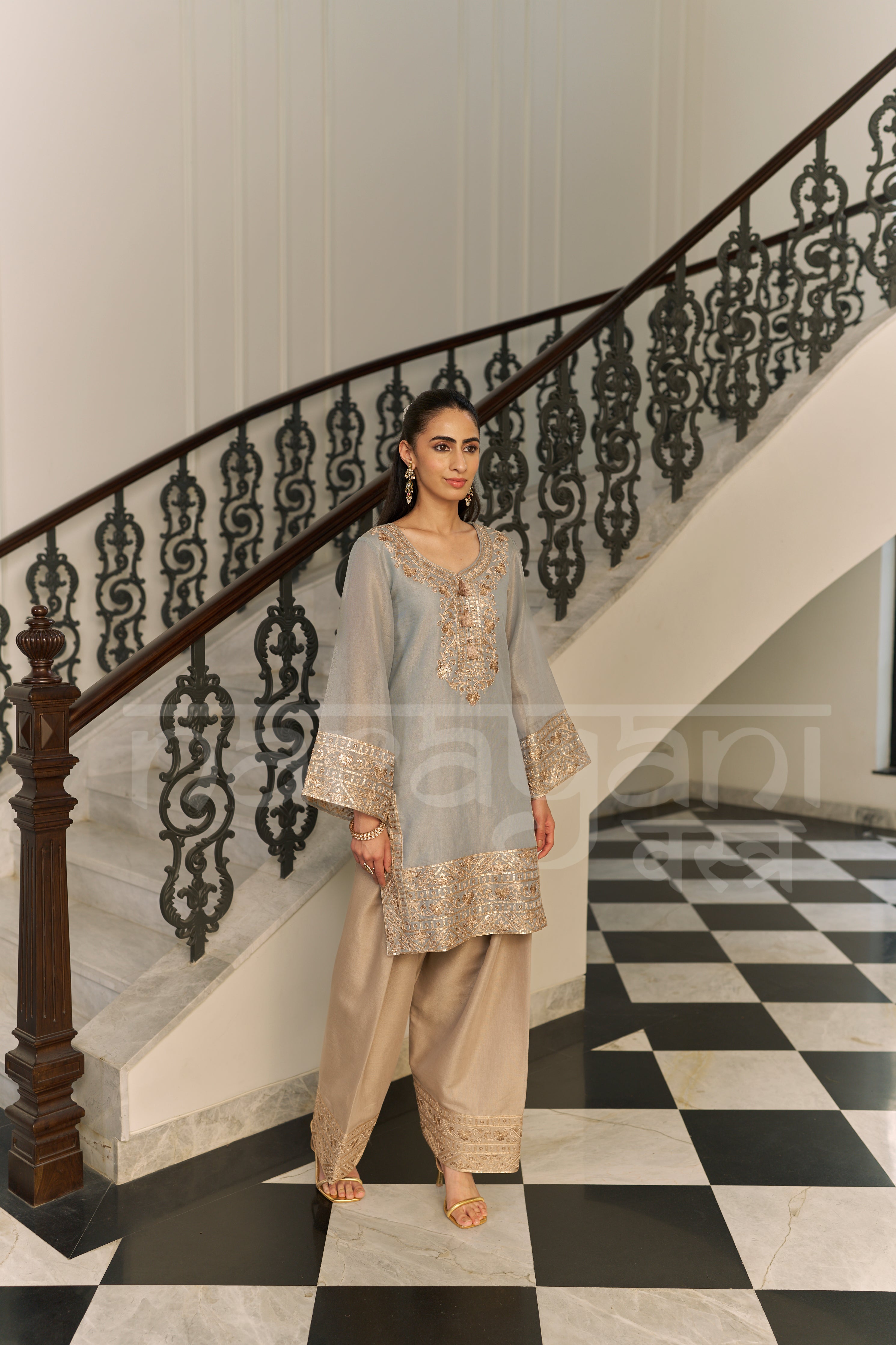 KAHKASHAN - Sage Blue Farshi Salwar Suit Set
