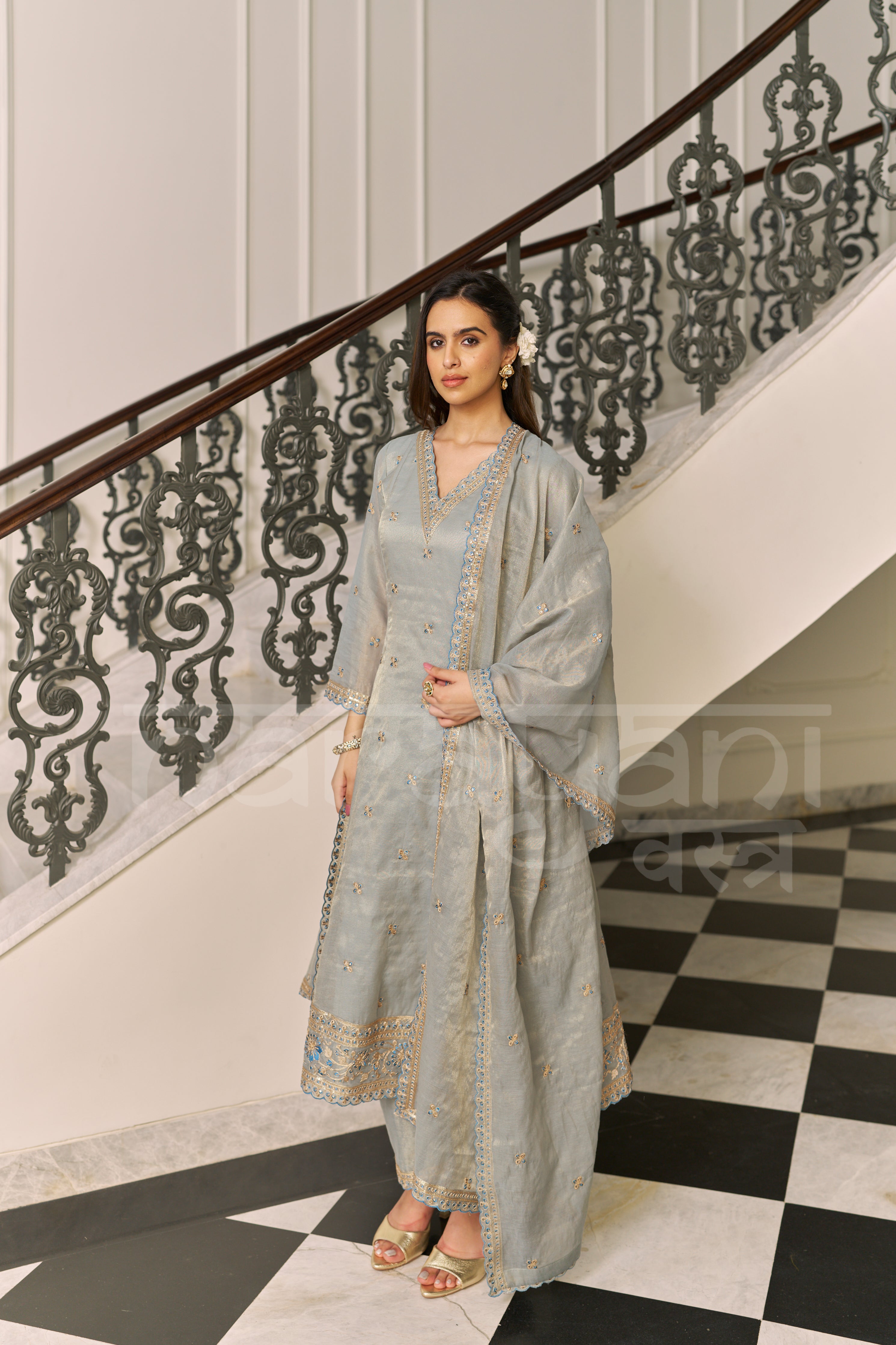 BEBAAK - Sage Blue A-line Anarkali Suit Set