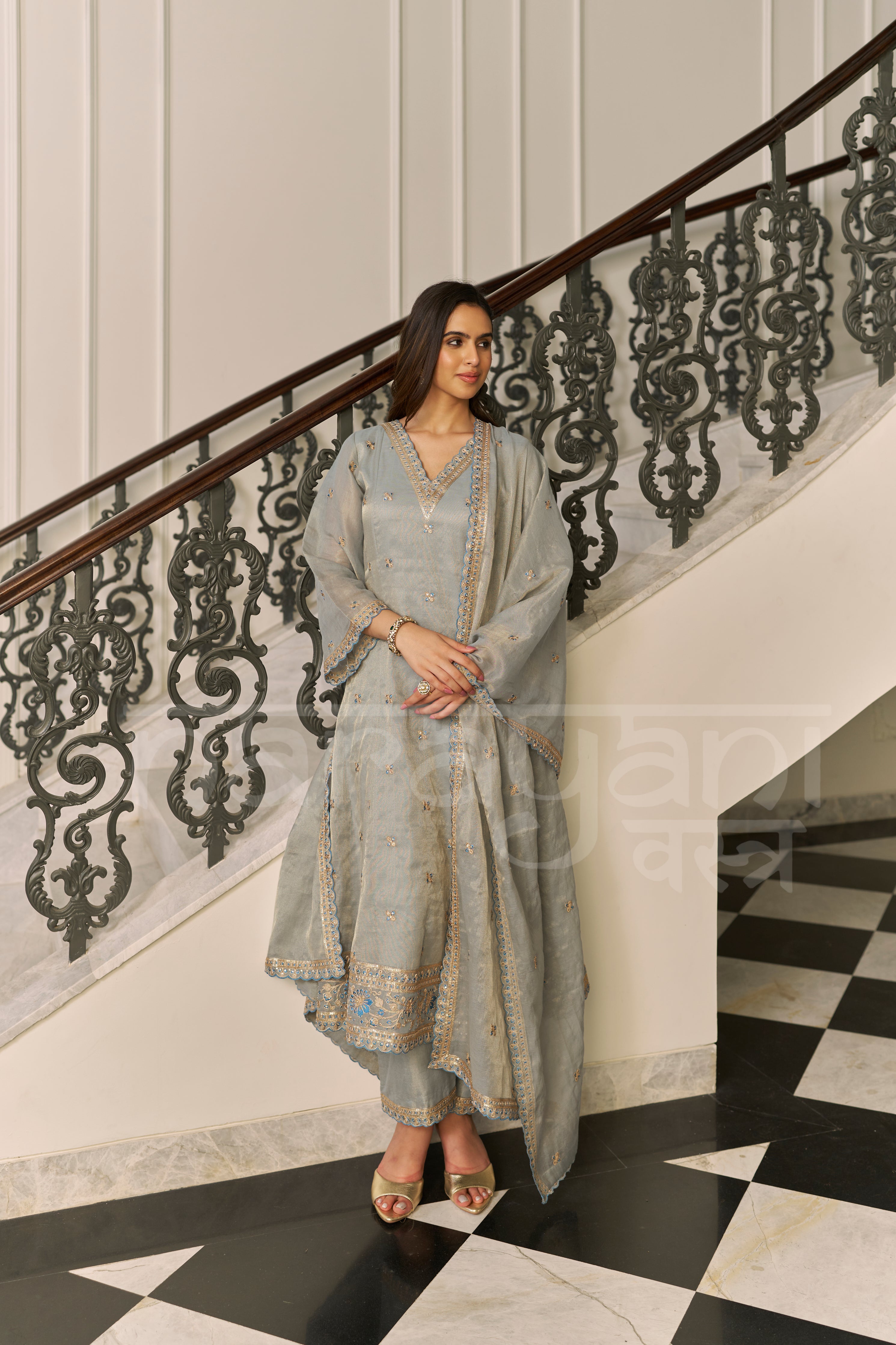 BEBAAK - Sage Blue A-line Anarkali Suit Set