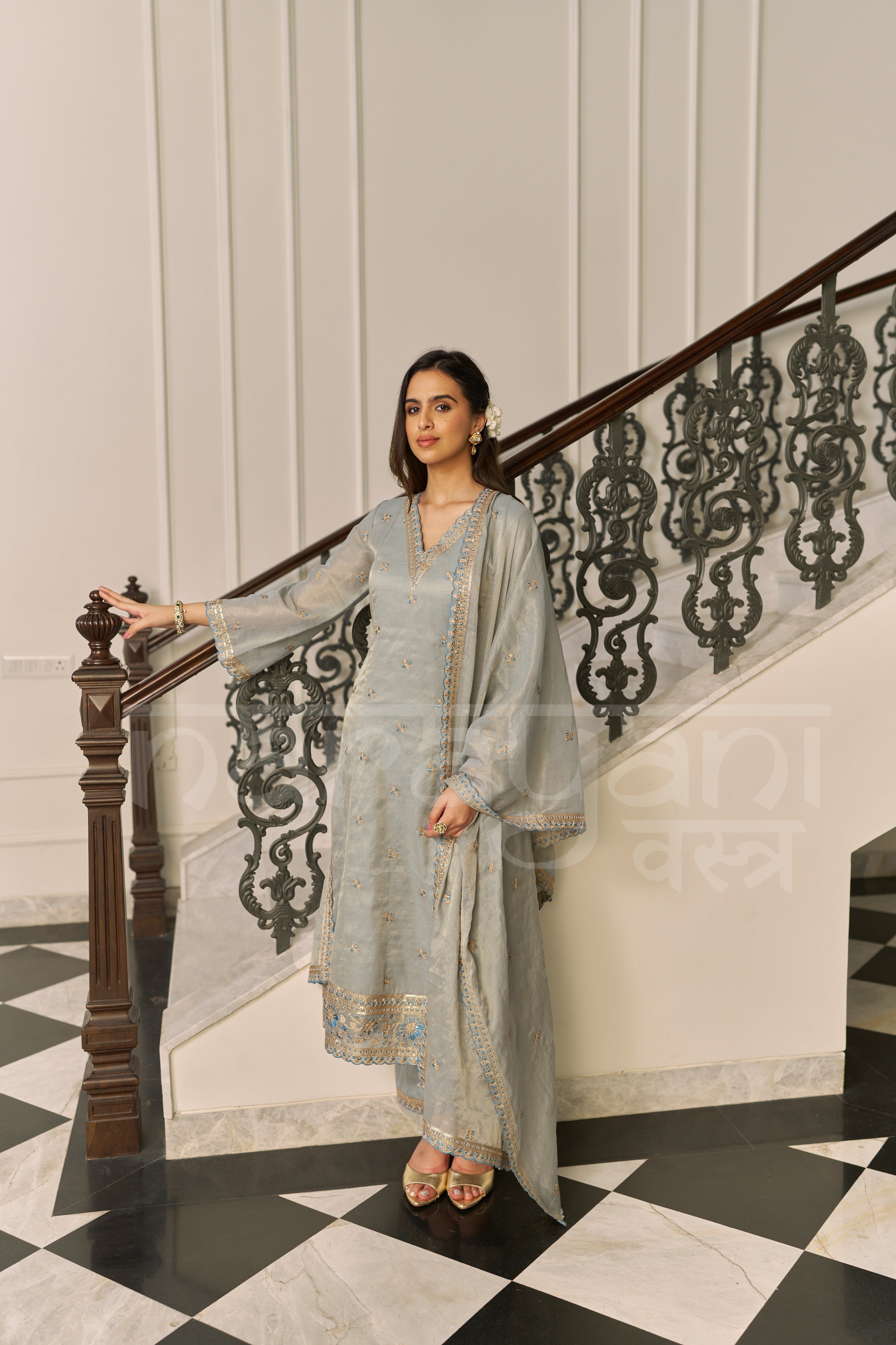 BEBAAK - Sage Blue A-line Anarkali Suit Set