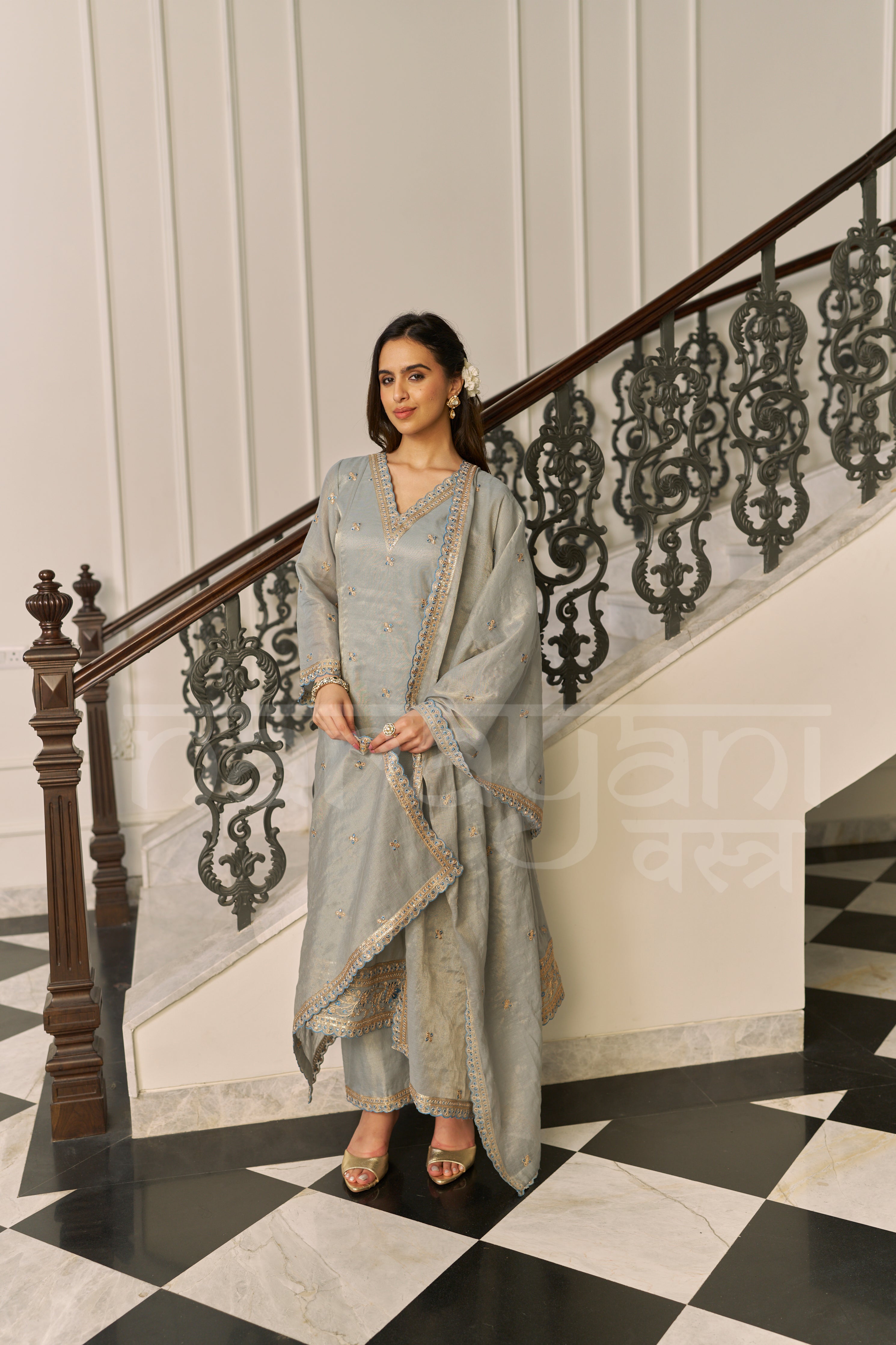 BEBAAK - Sage Blue A-line Anarkali Suit Set
