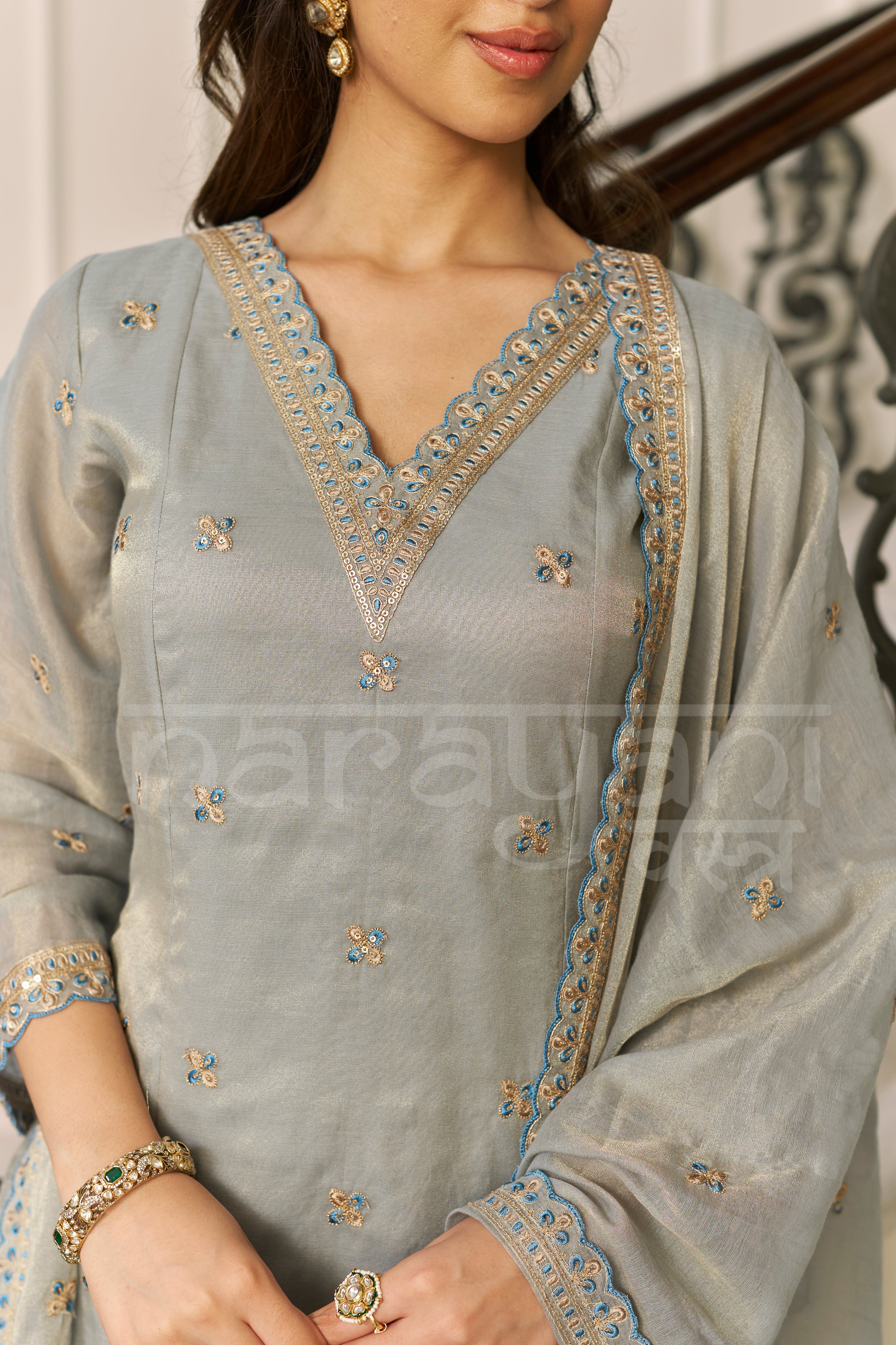 BEBAAK - Sage Blue A-line Anarkali Suit Set