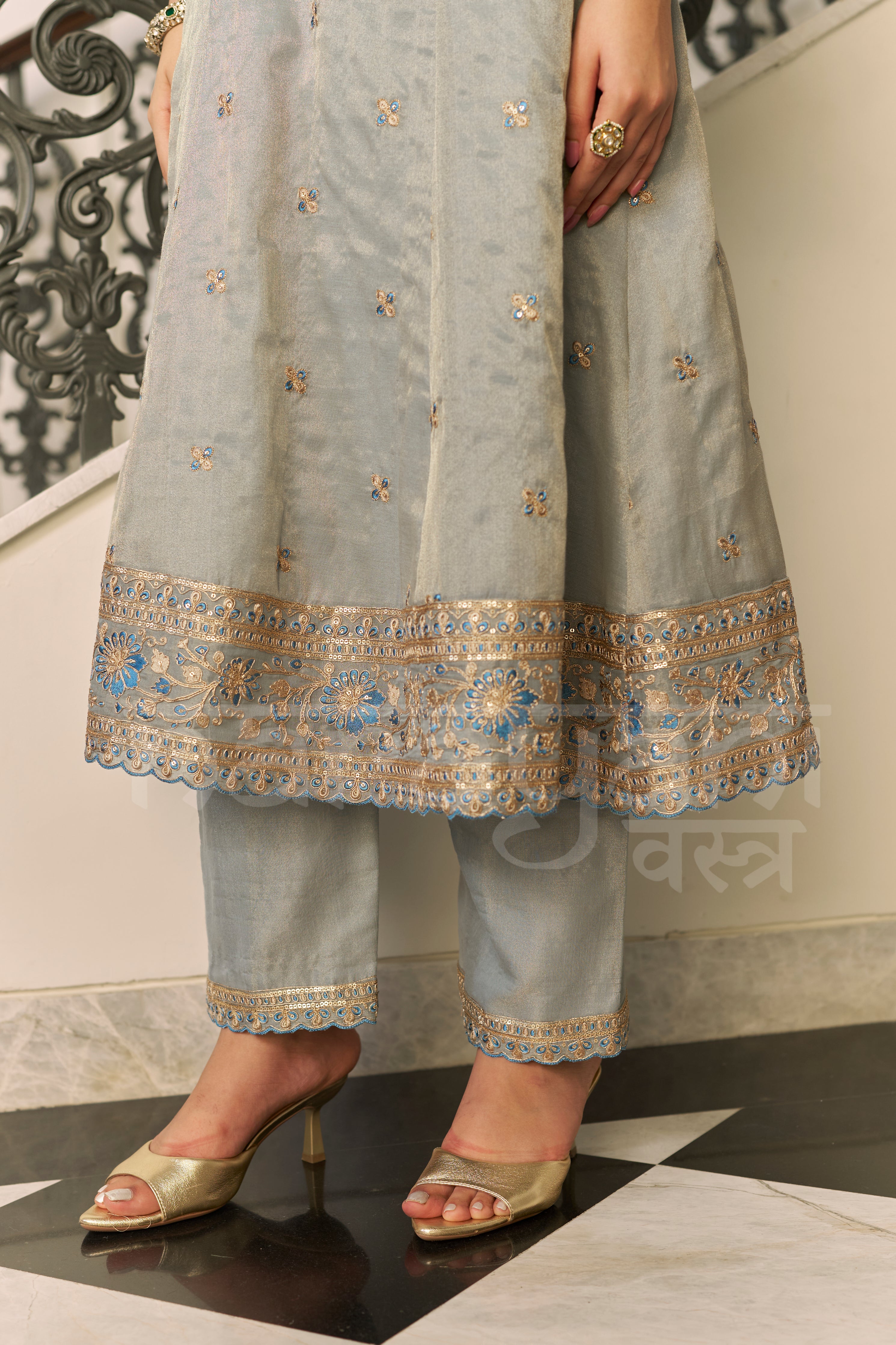 BEBAAK - Sage Blue A-line Anarkali Suit Set