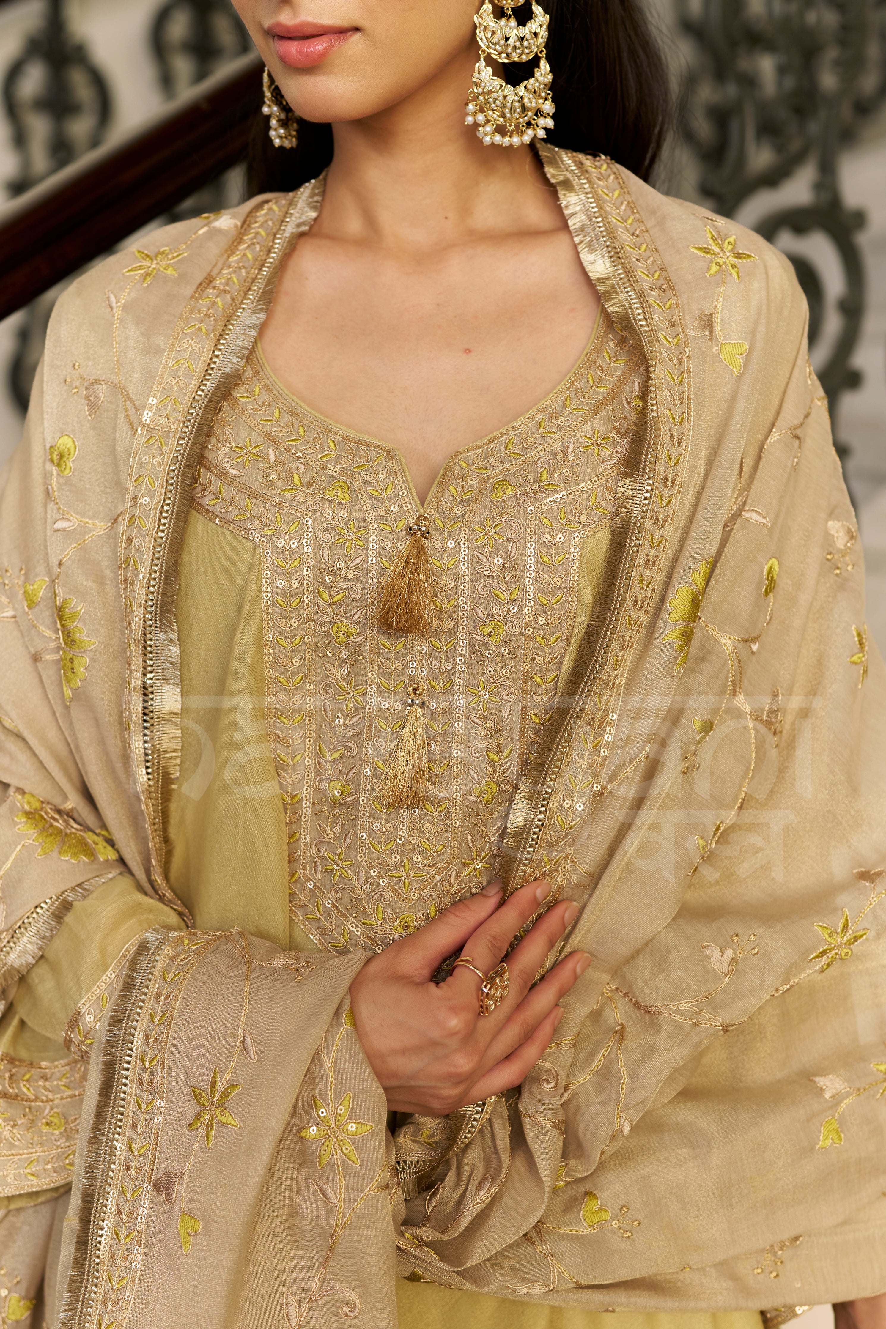 SAJNI - Champagne Yellow Choga with Frashi Salwar Set