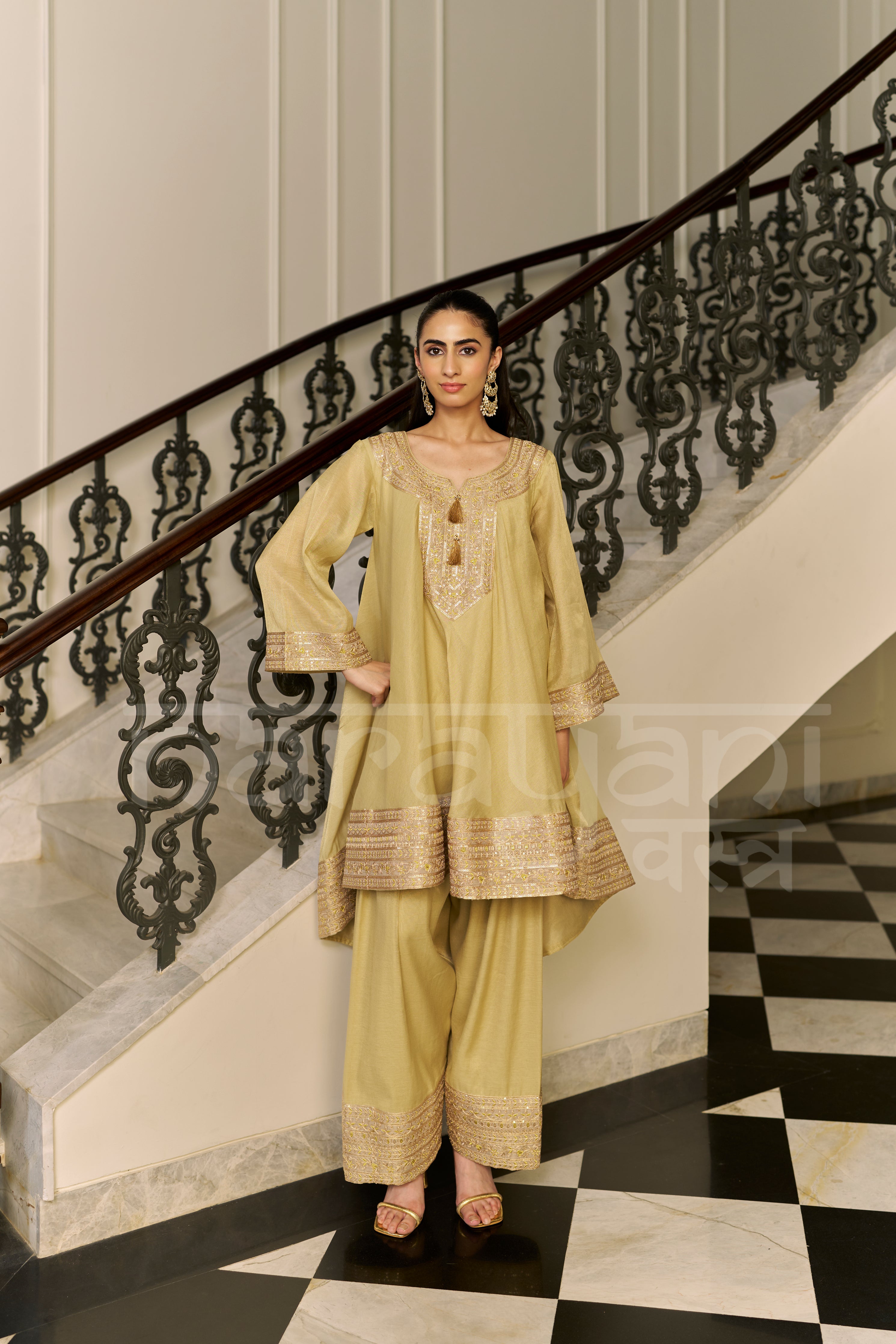 SAJNI - Champagne Yellow Choga with Frashi Salwar Set