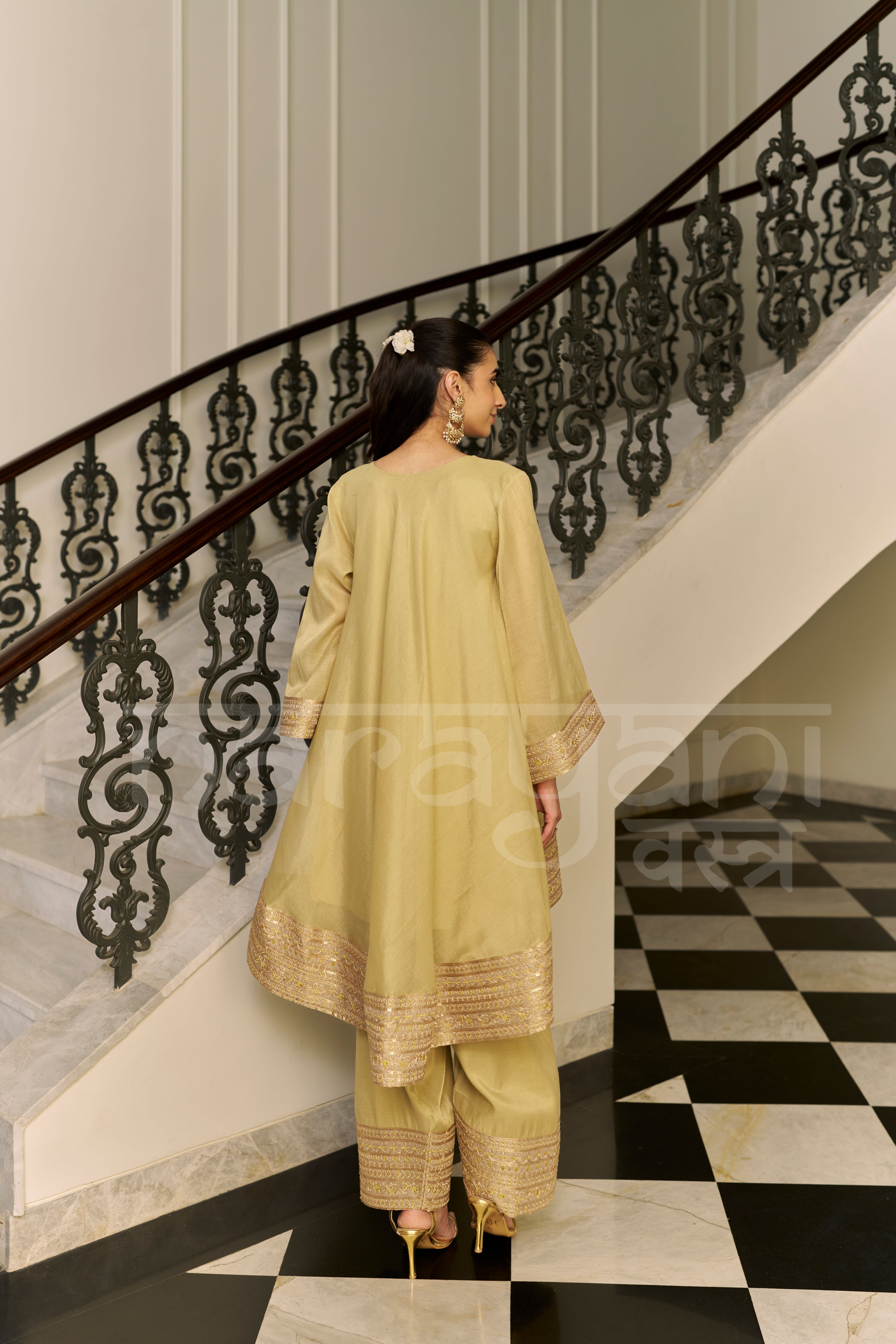 SAJNI - Champagne Yellow Choga with Frashi Salwar Set