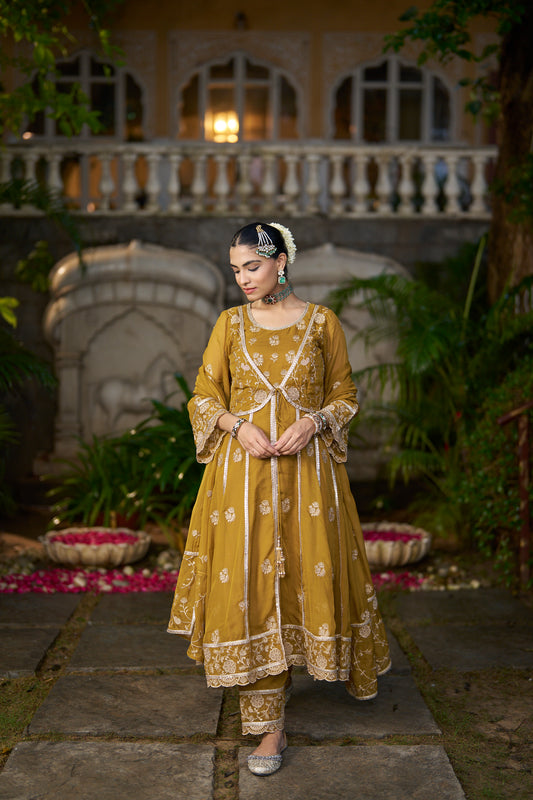 TIYA - Yellow Organza Anarkali Set