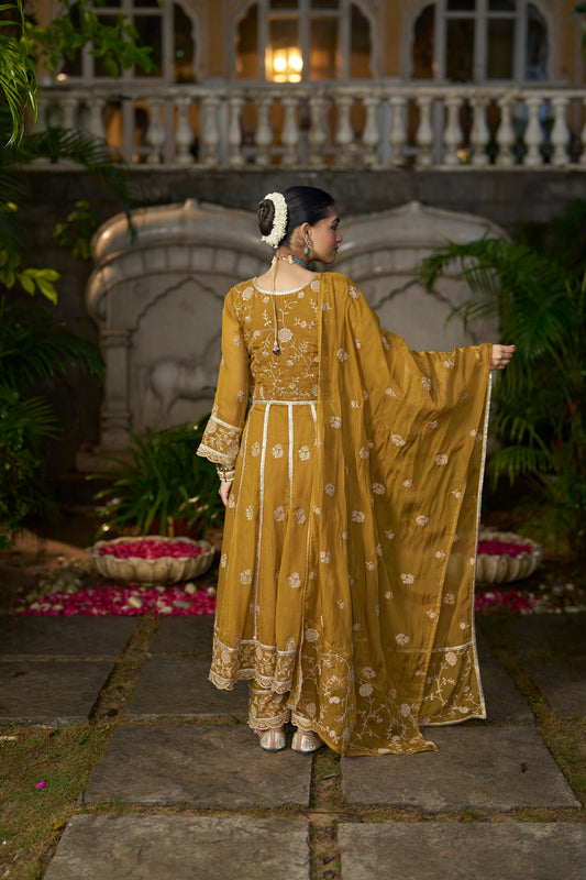 TIYA - Yellow Organza Anarkali Set