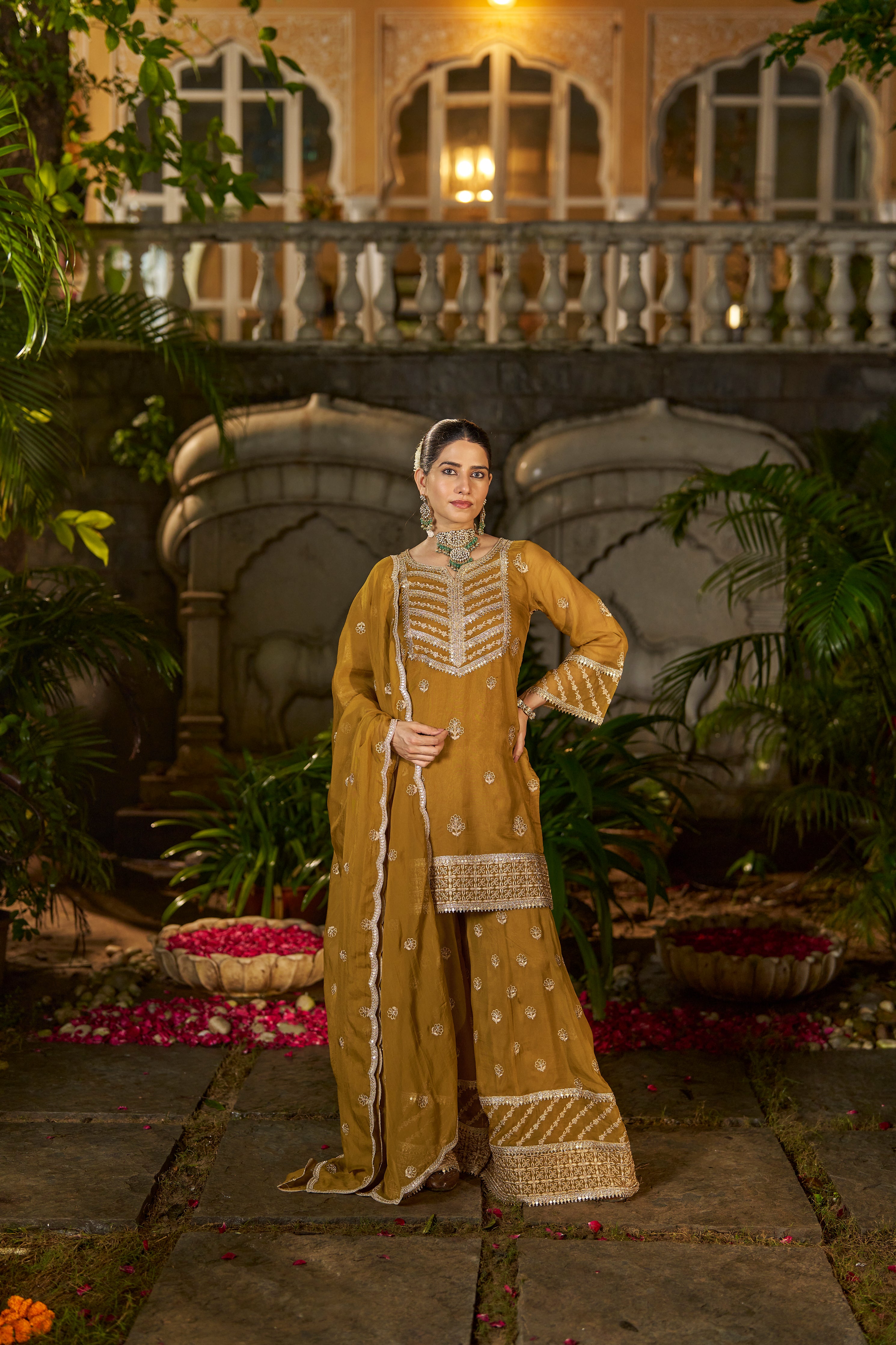 Simer Arora (@simeraroraa) in CHARVI - Yellow Organza Sharara Set
