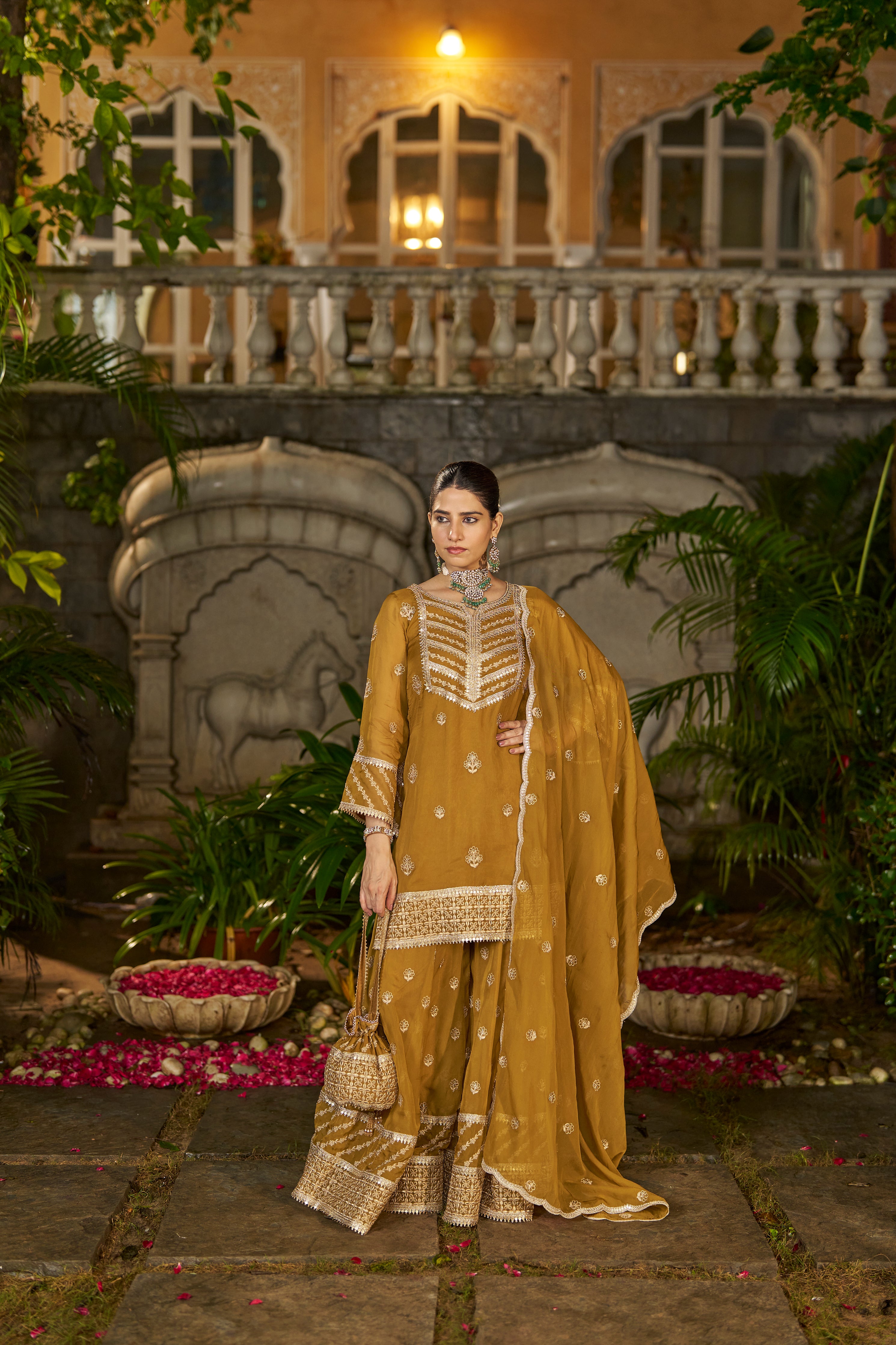 Simer Arora (@simeraroraa) in CHARVI - Yellow Organza Sharara Set