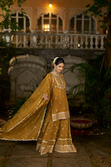 Simer Arora (@simeraroraa) in CHARVI - Yellow Organza Sharara Set