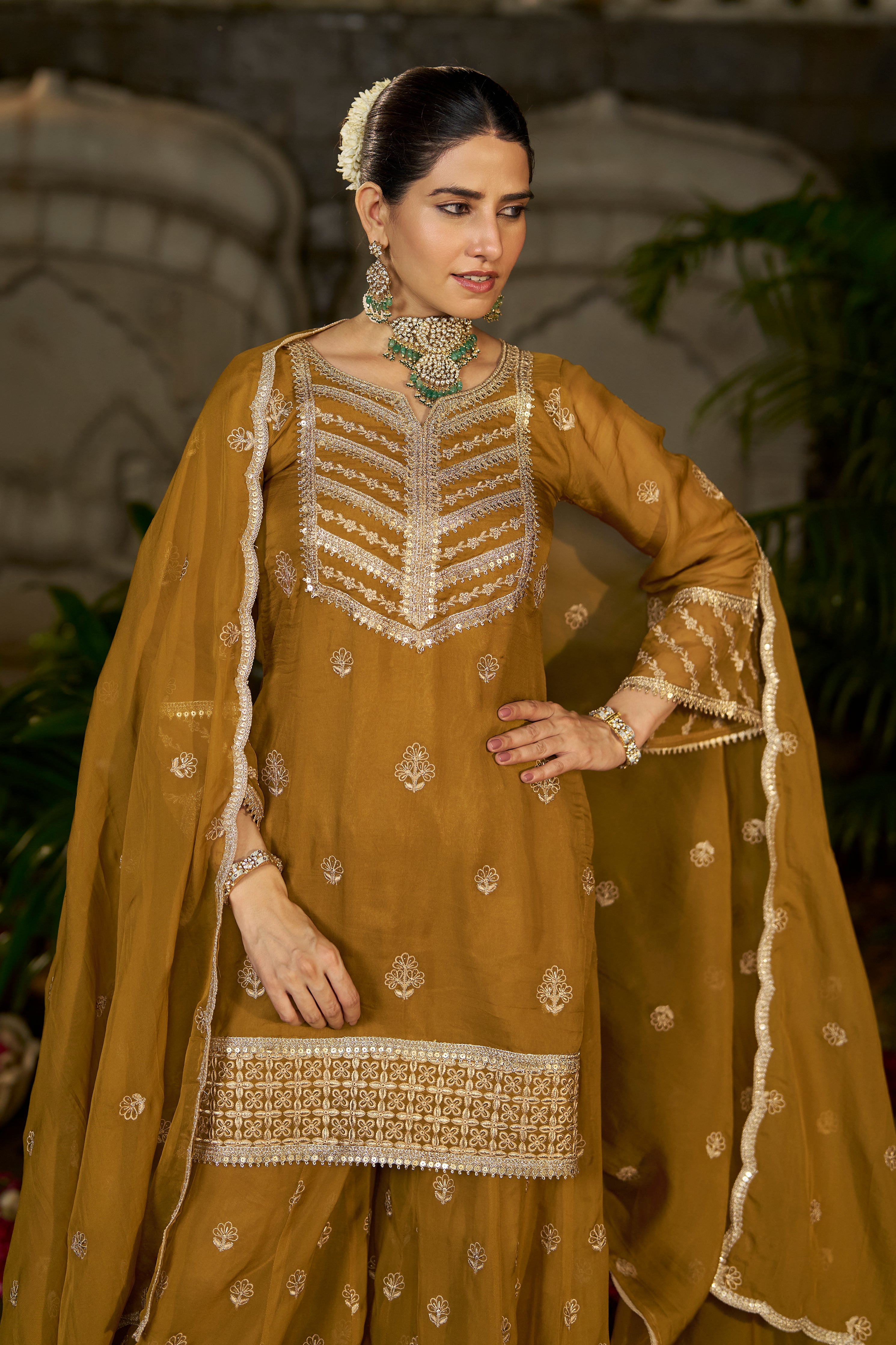 Simer Arora (@simeraroraa) in CHARVI - Yellow Organza Sharara Set