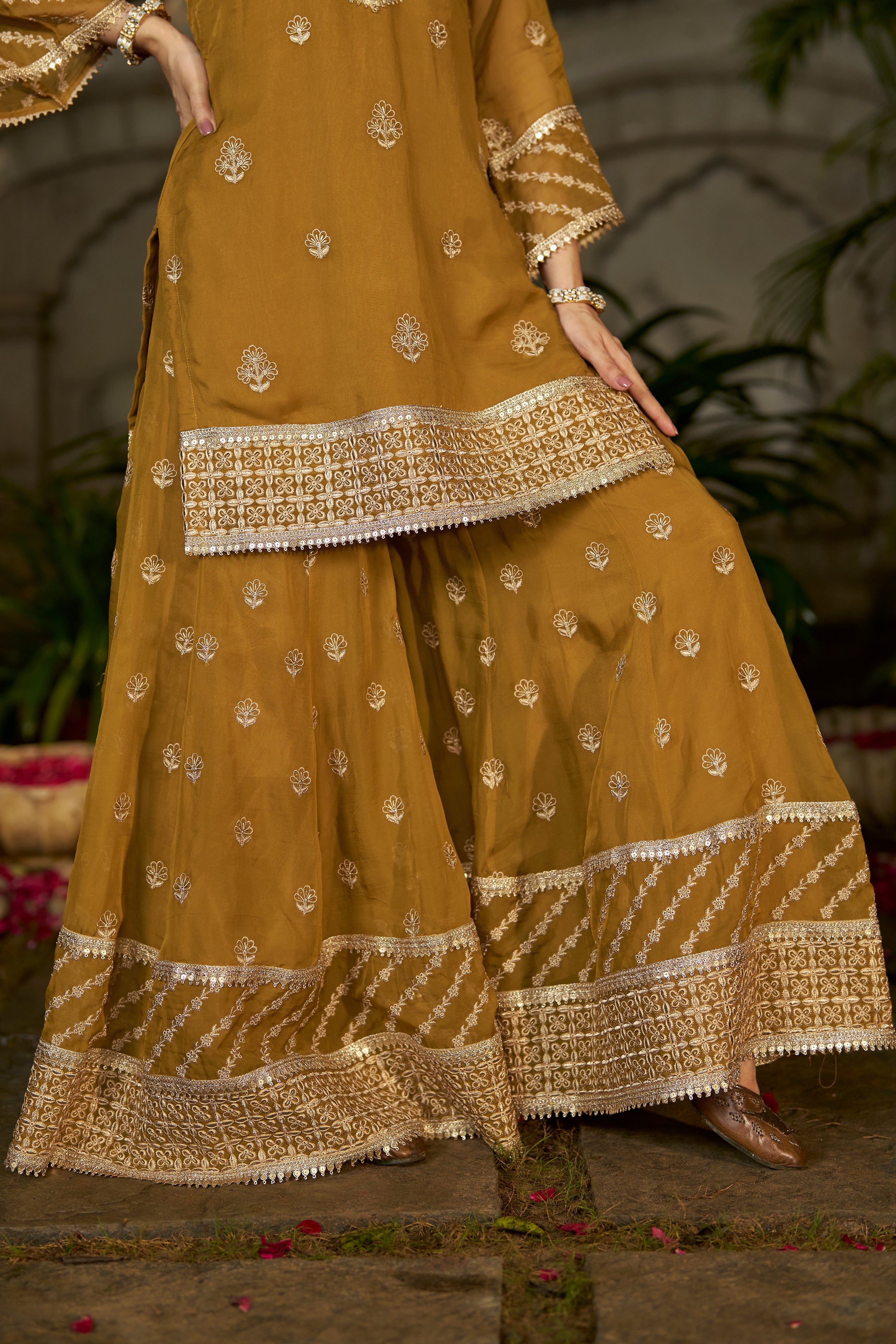 Simer Arora (@simeraroraa) in CHARVI - Yellow Organza Sharara Set