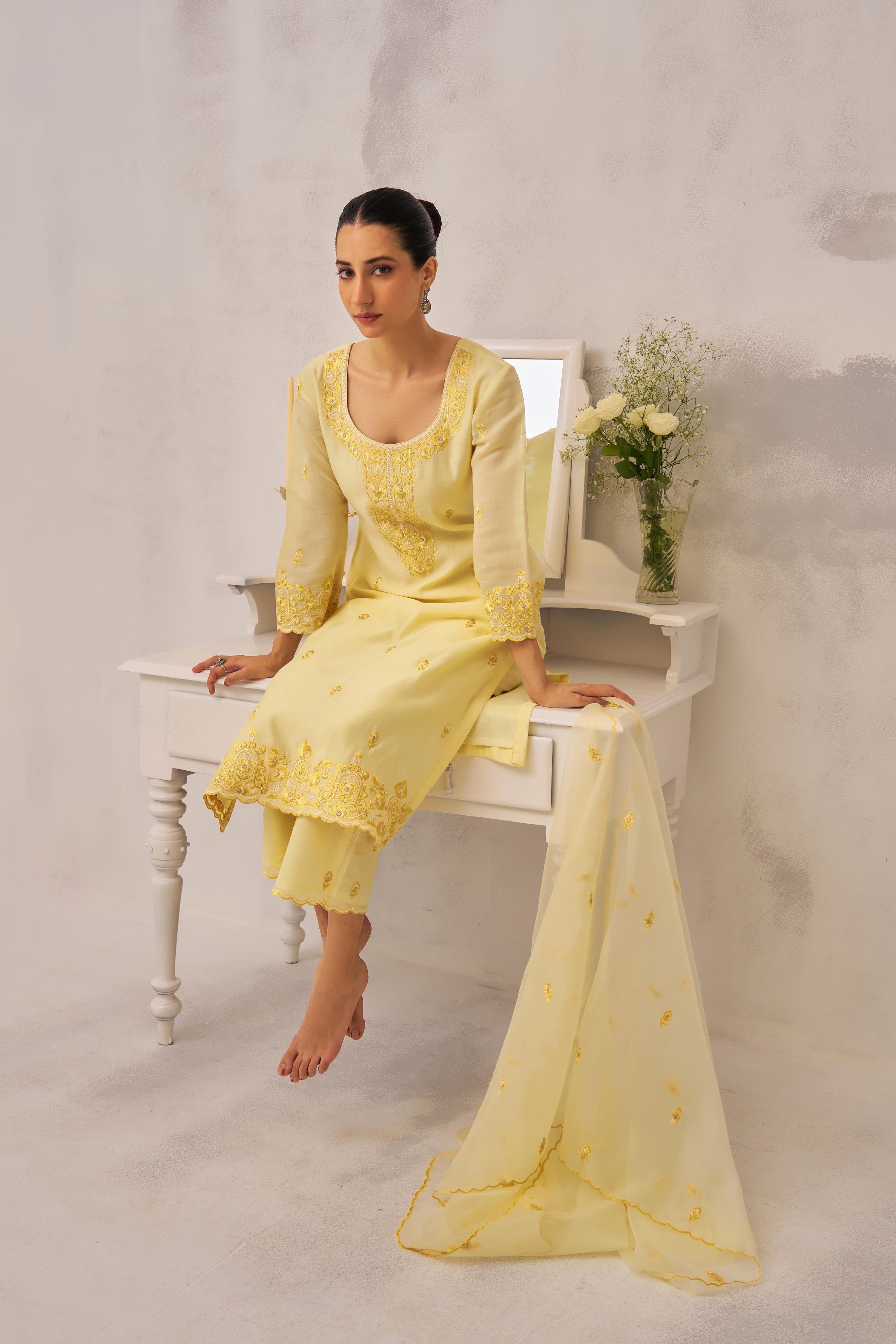 APOORVA SHARMA in TARINI - Lime Yellow Chanderi Suit Set