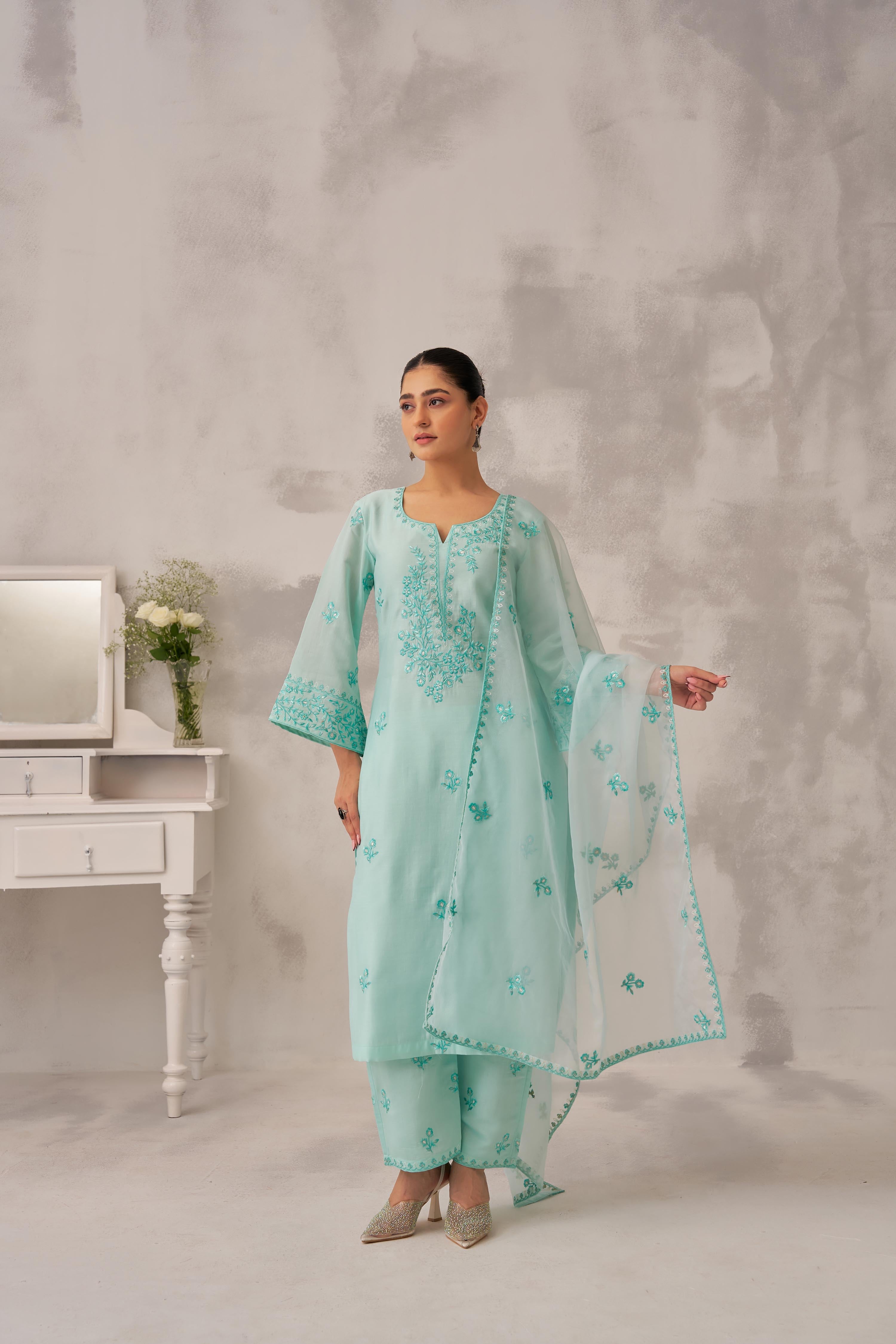 Manali Gandhi in AYRA - Sea Green Chanderi Suit Set