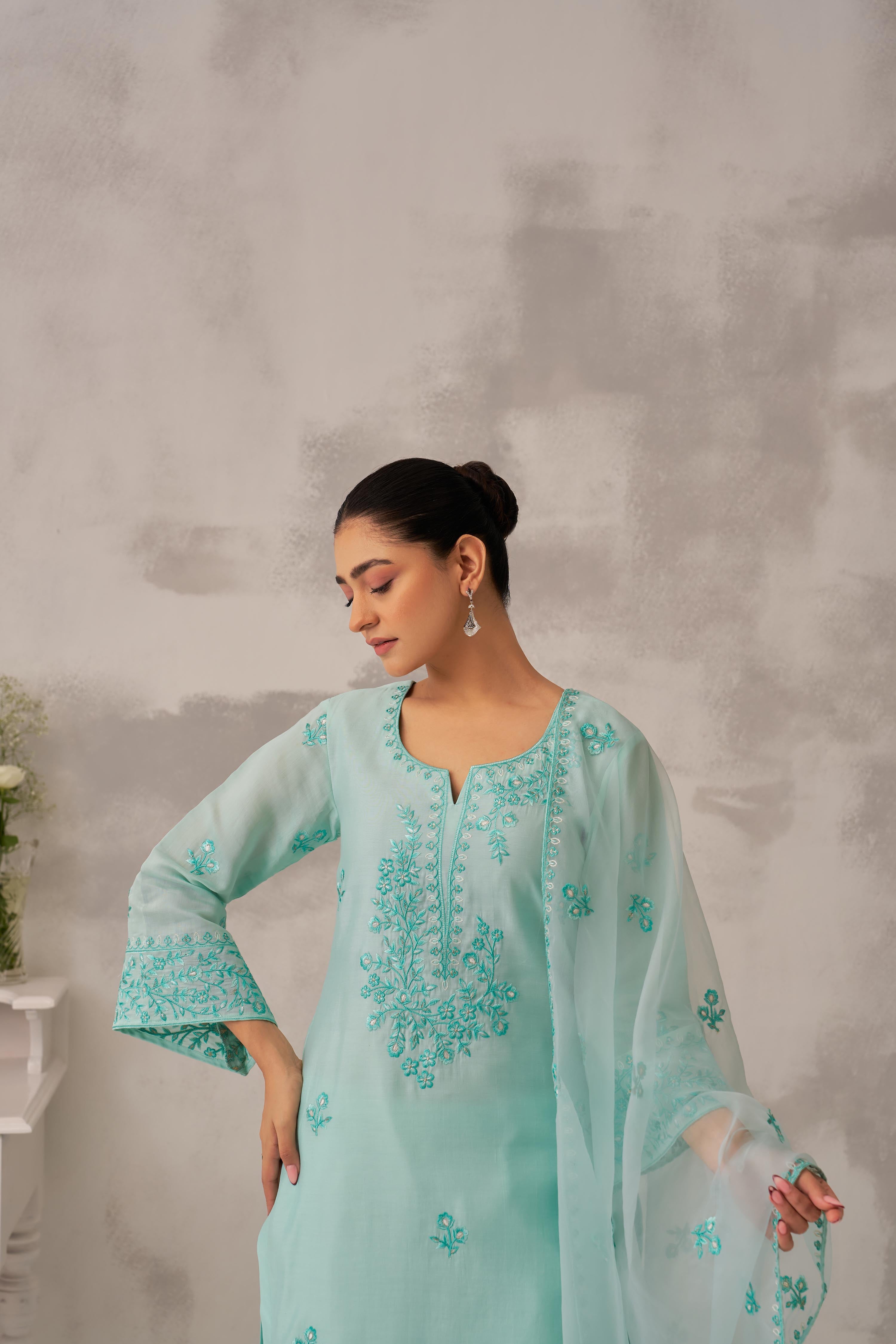 Manali Gandhi in AYRA - Sea Green Chanderi Suit Set