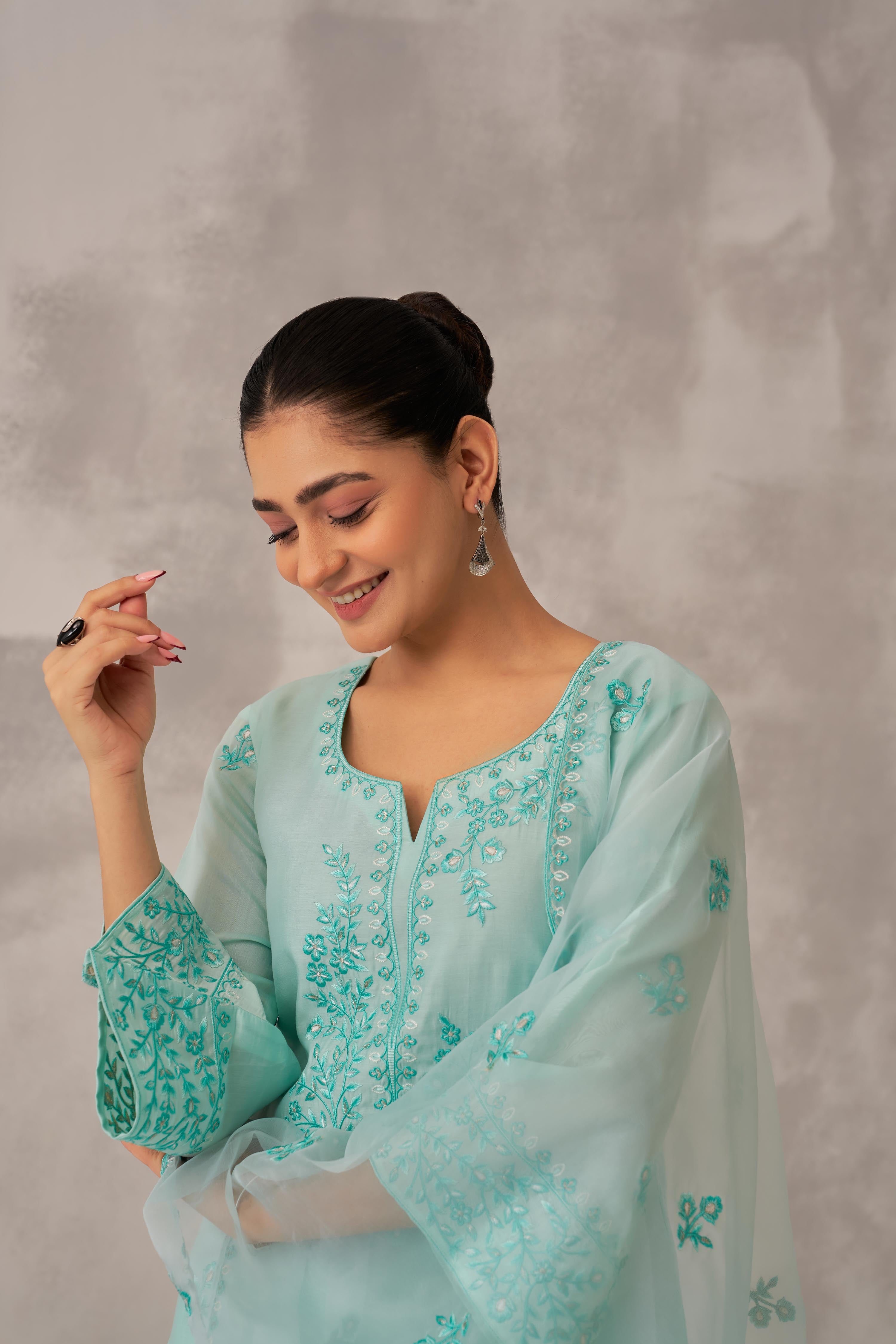 Manali Gandhi in AYRA - Sea Green Chanderi Suit Set