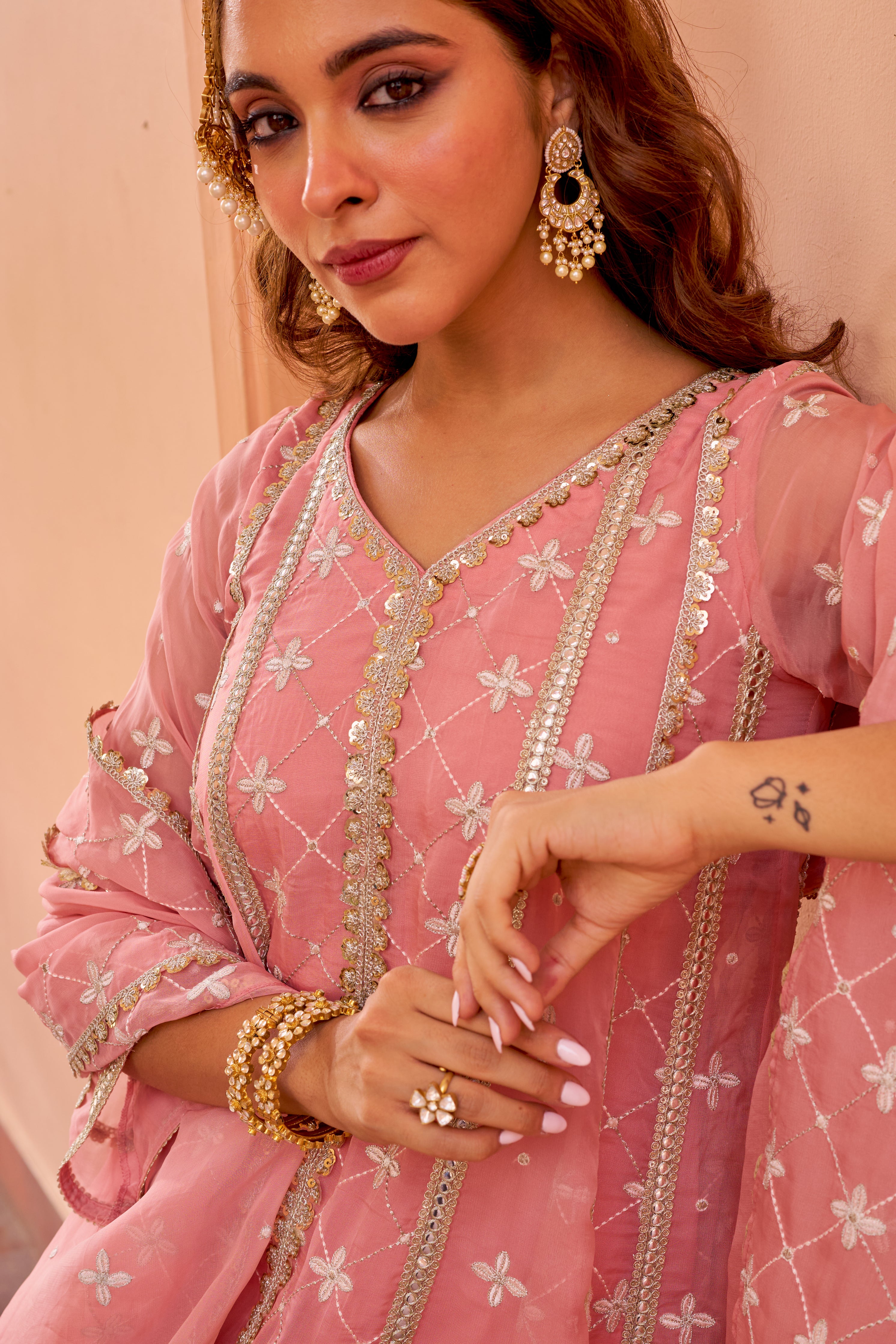 Kriti Vij in Sitara - Pink Organza Anarkali Set.