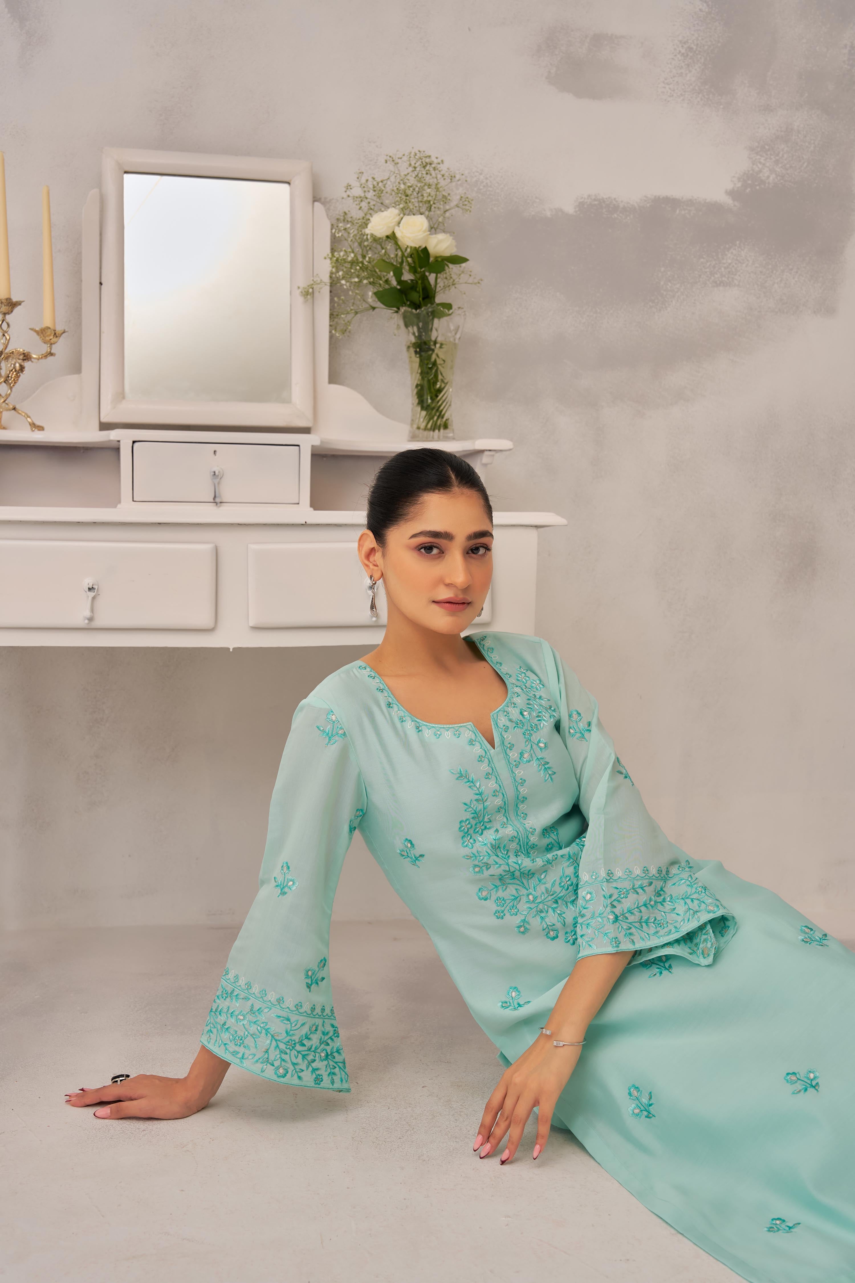Manali Gandhi in AYRA - Sea Green Chanderi Suit Set