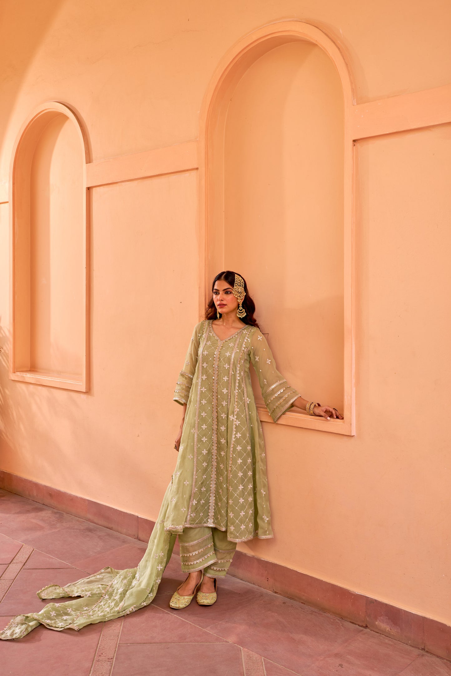 Chamak - Green Organza Anarkali Set.