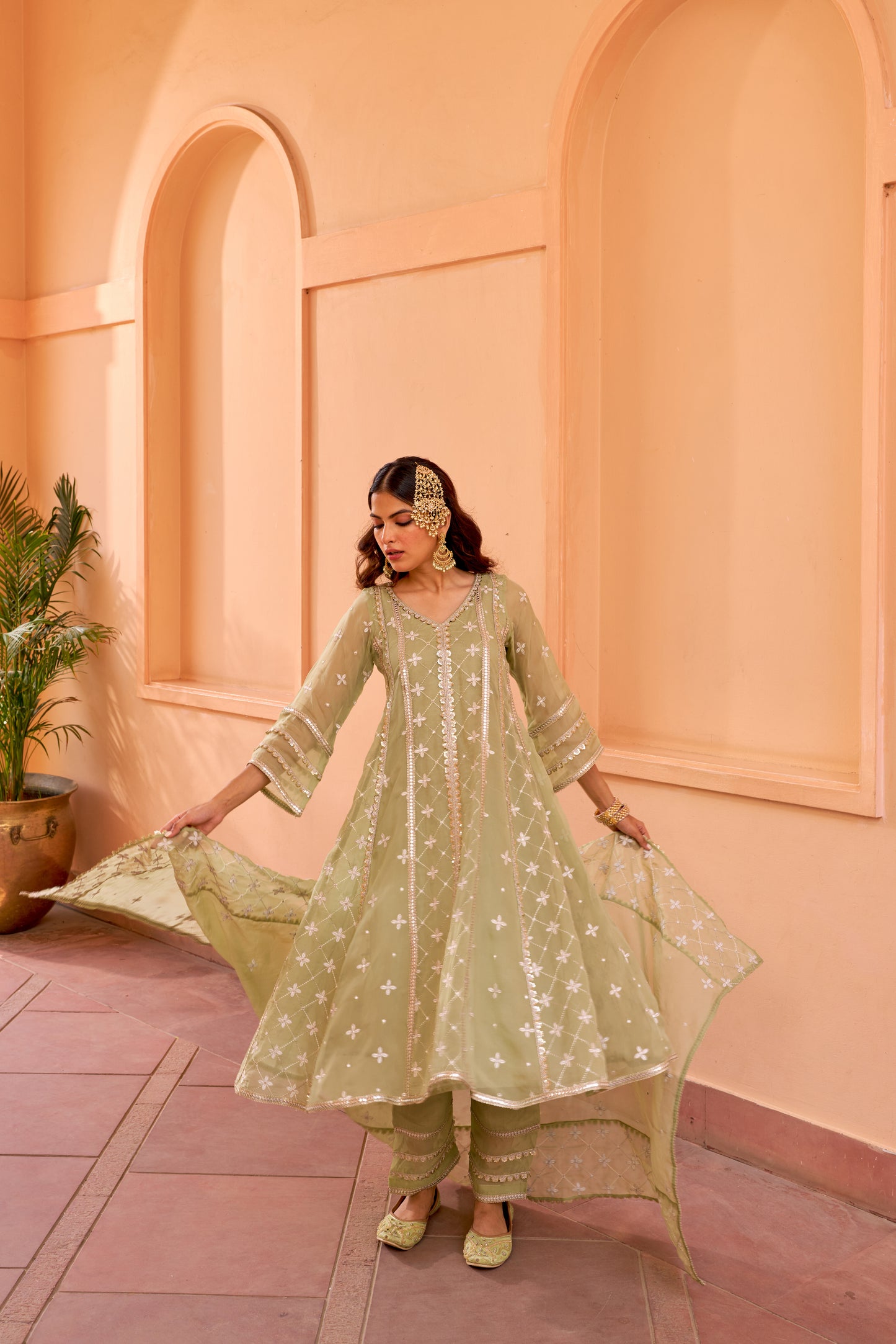 Chamak - Green Organza Anarkali Set.