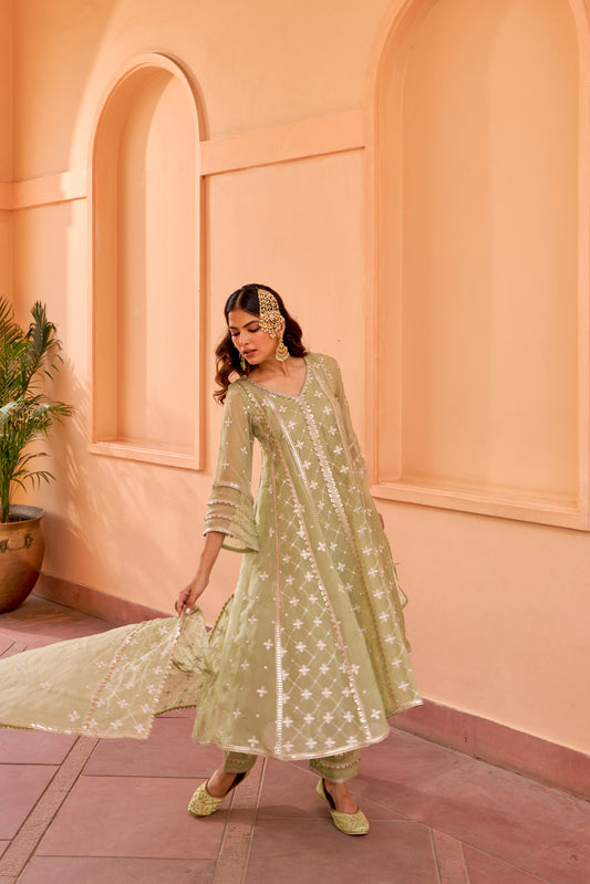 Chamak - Green Organza Anarkali Set.