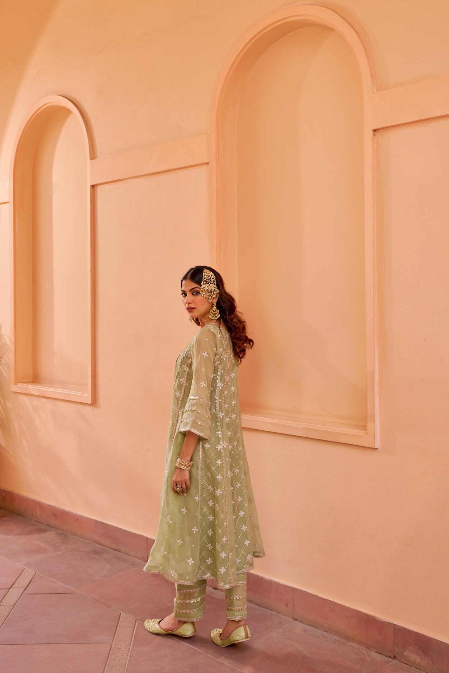 Chamak - Green Organza Anarkali Set.