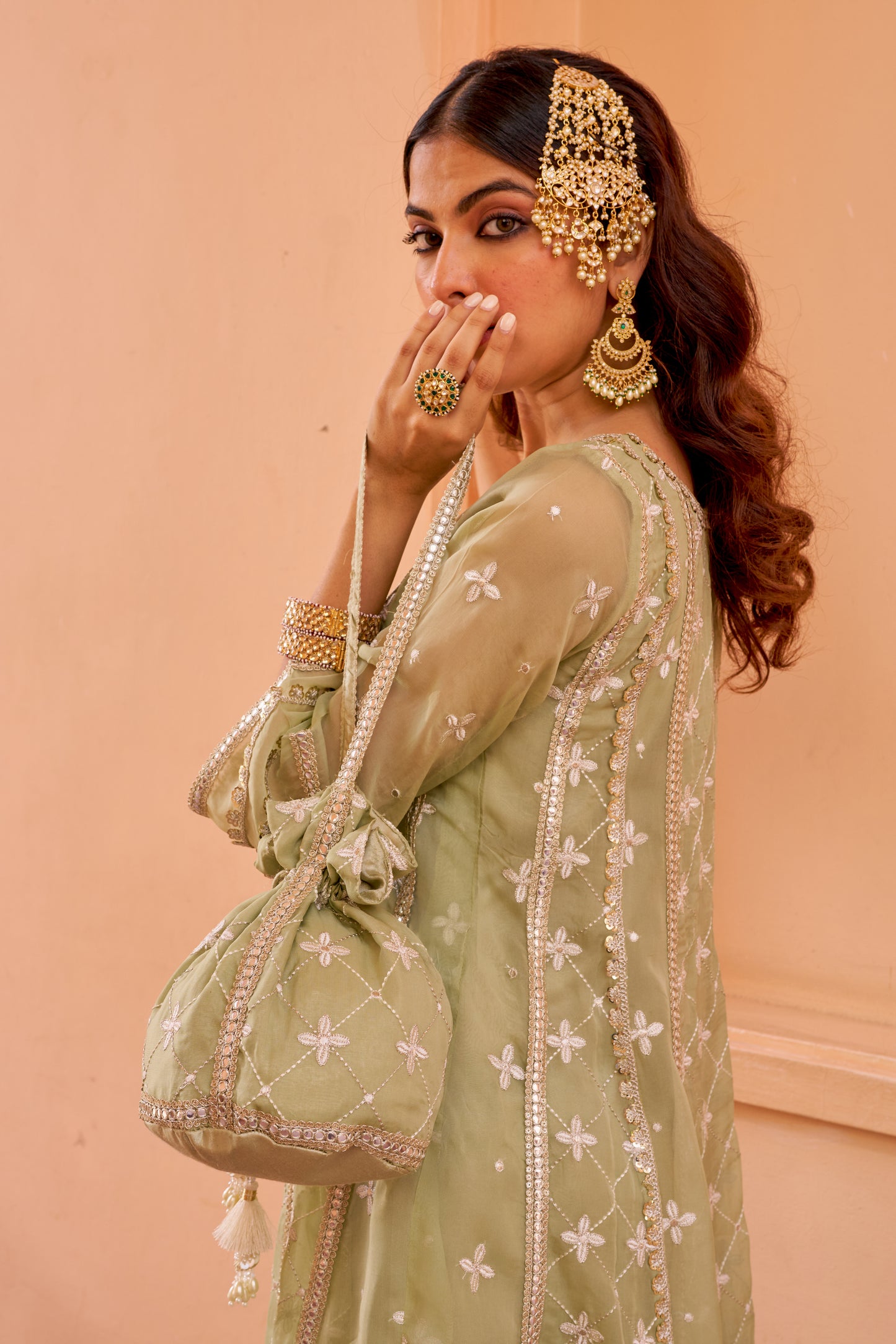 Chamak - Green Organza Anarkali Set.