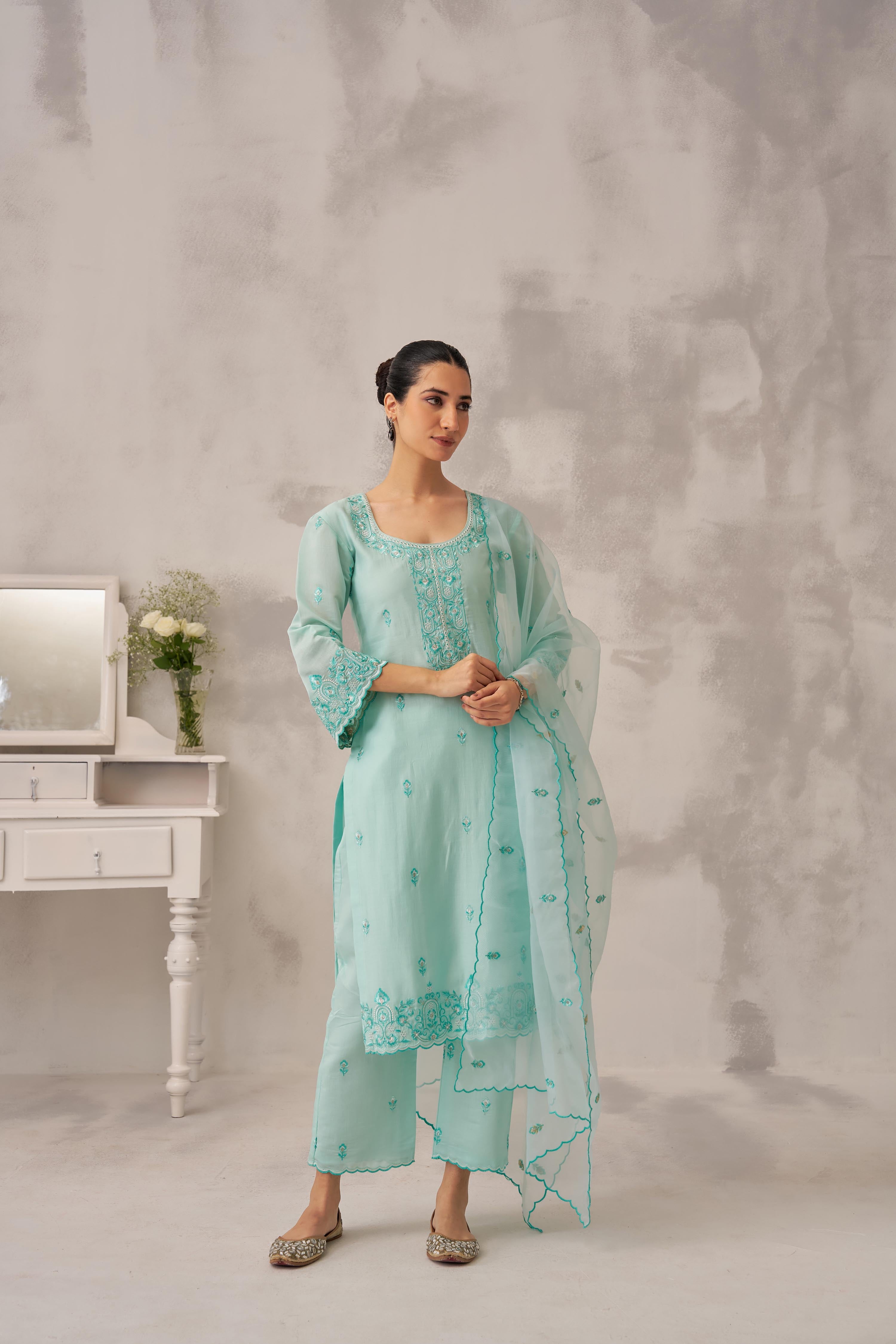 POOJA (@thefashionchauvinst) in ROSHINI - Sea Green Chanderi Suit Set