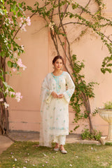 Banphool - Ivory White Chanderi Embroidered Suit Set.